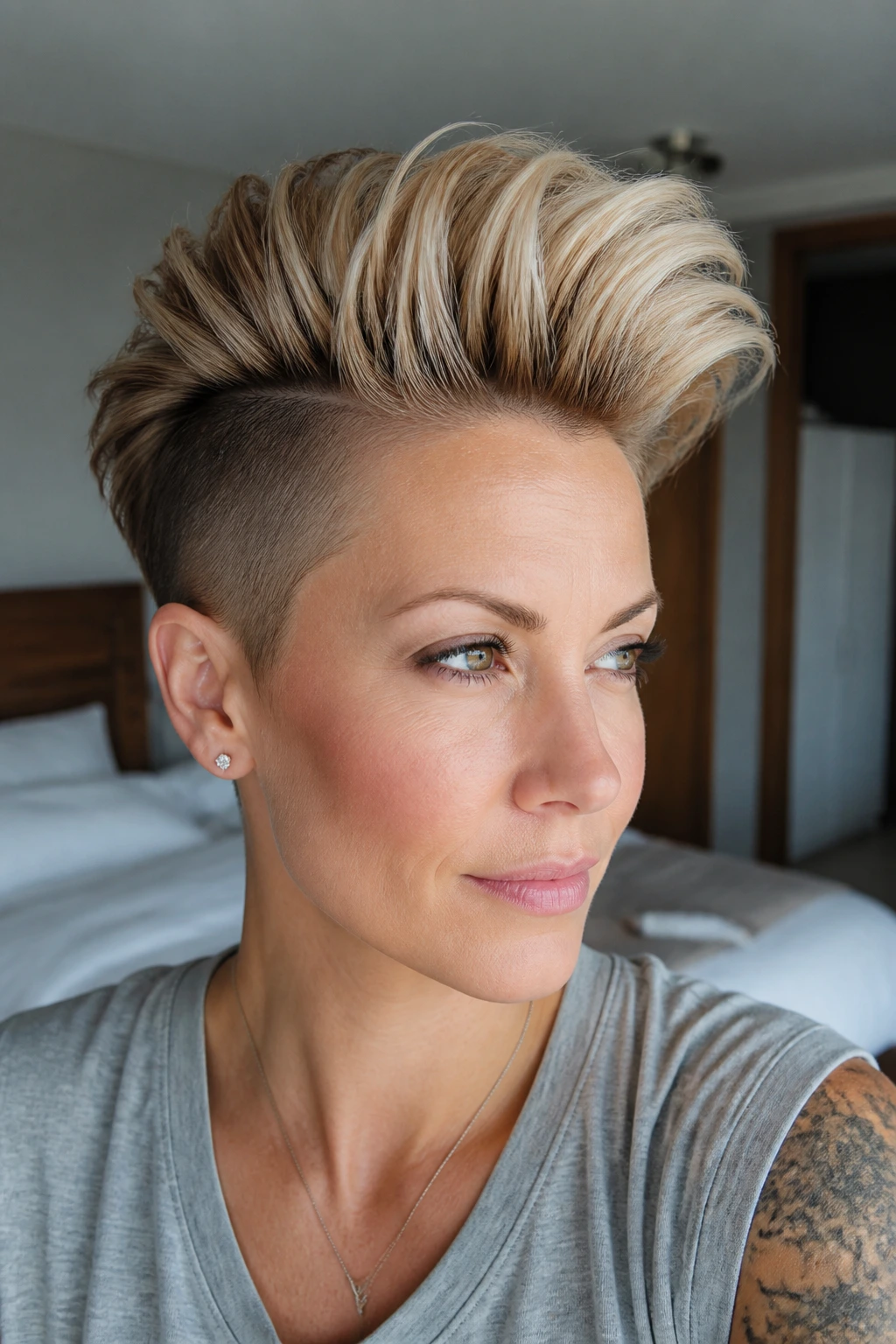 Close-up portrait of voluminous pompadour pixie with shaved sides on a real woman, dramatic crown lift