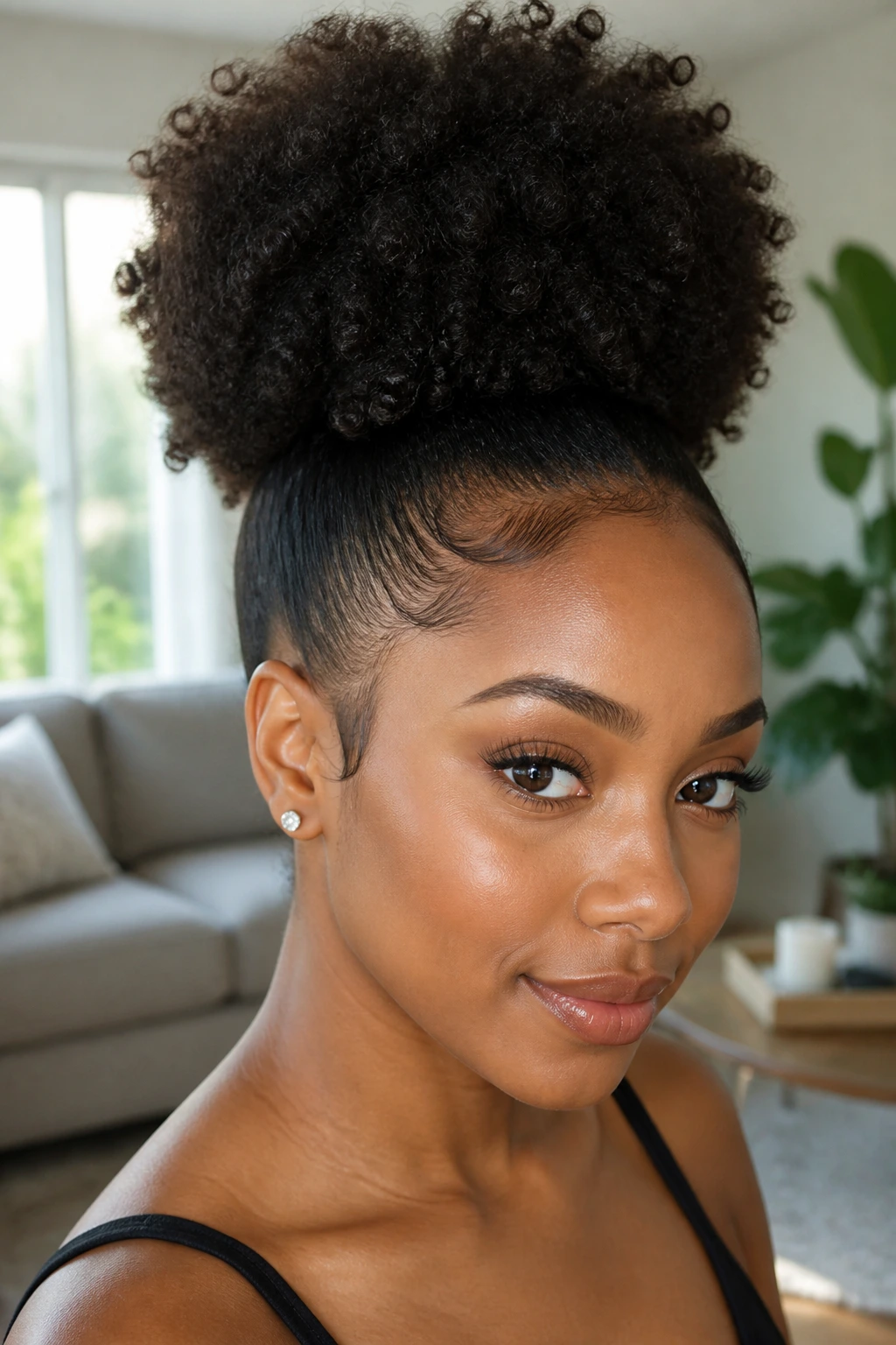 Portrait of a person with a high voluminous puff and defined hair edges