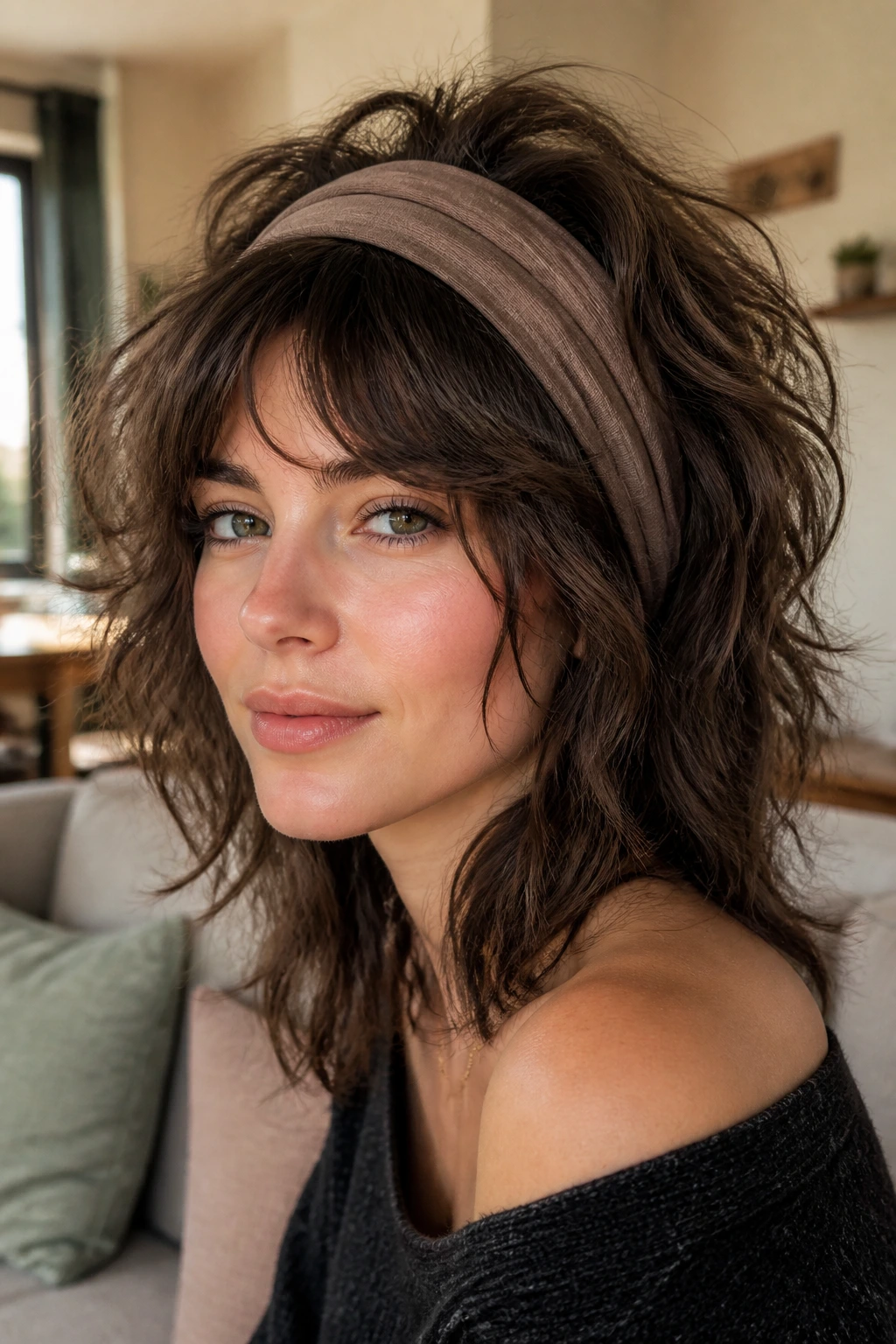 Close-up of a real woman with voluminous messy shag and wide headband in warm living room light