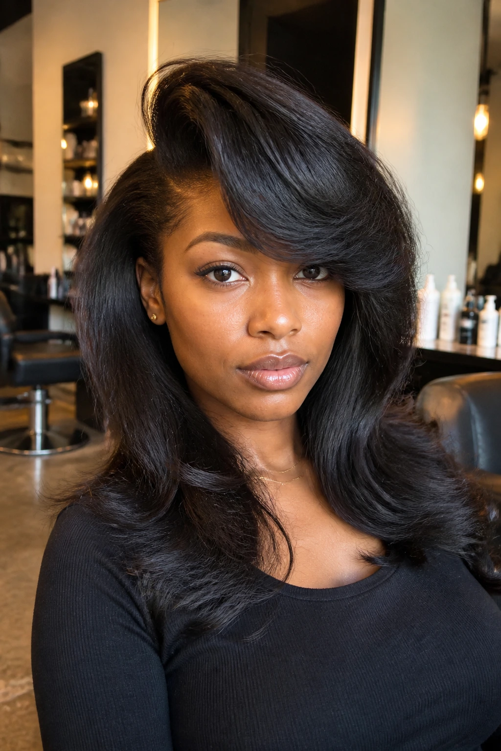 Portrait of a woman with voluminous 90s swoop bangs blowout