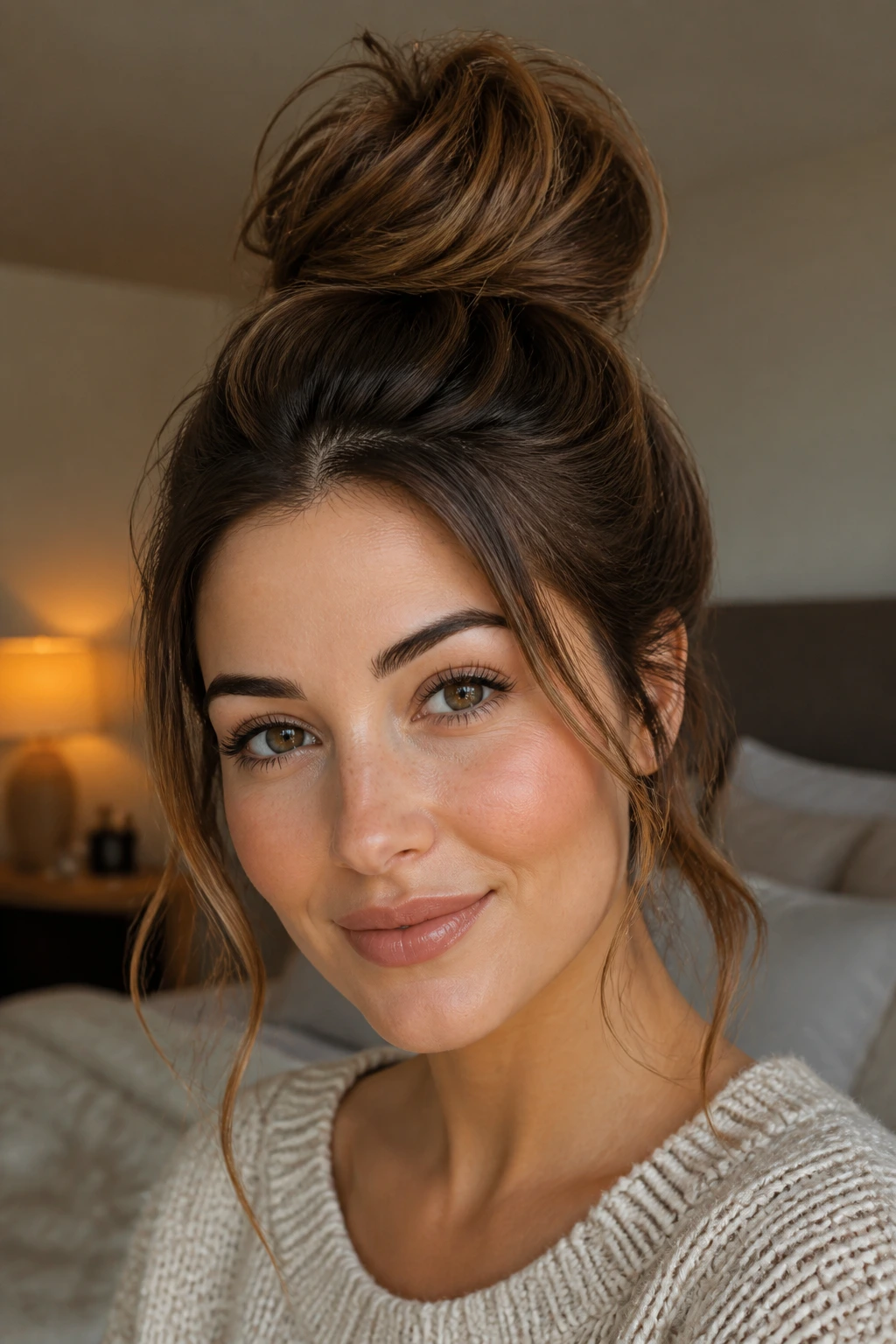 Close-up of a real woman with voluminous topknot and loose strands in sunlit bedroom