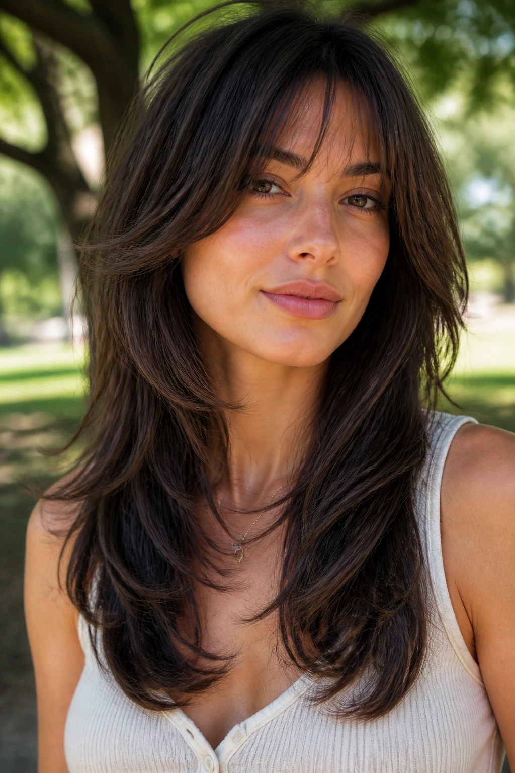 Close-up portrait of a real woman with voluminous U-cut layers and wispy air bangs