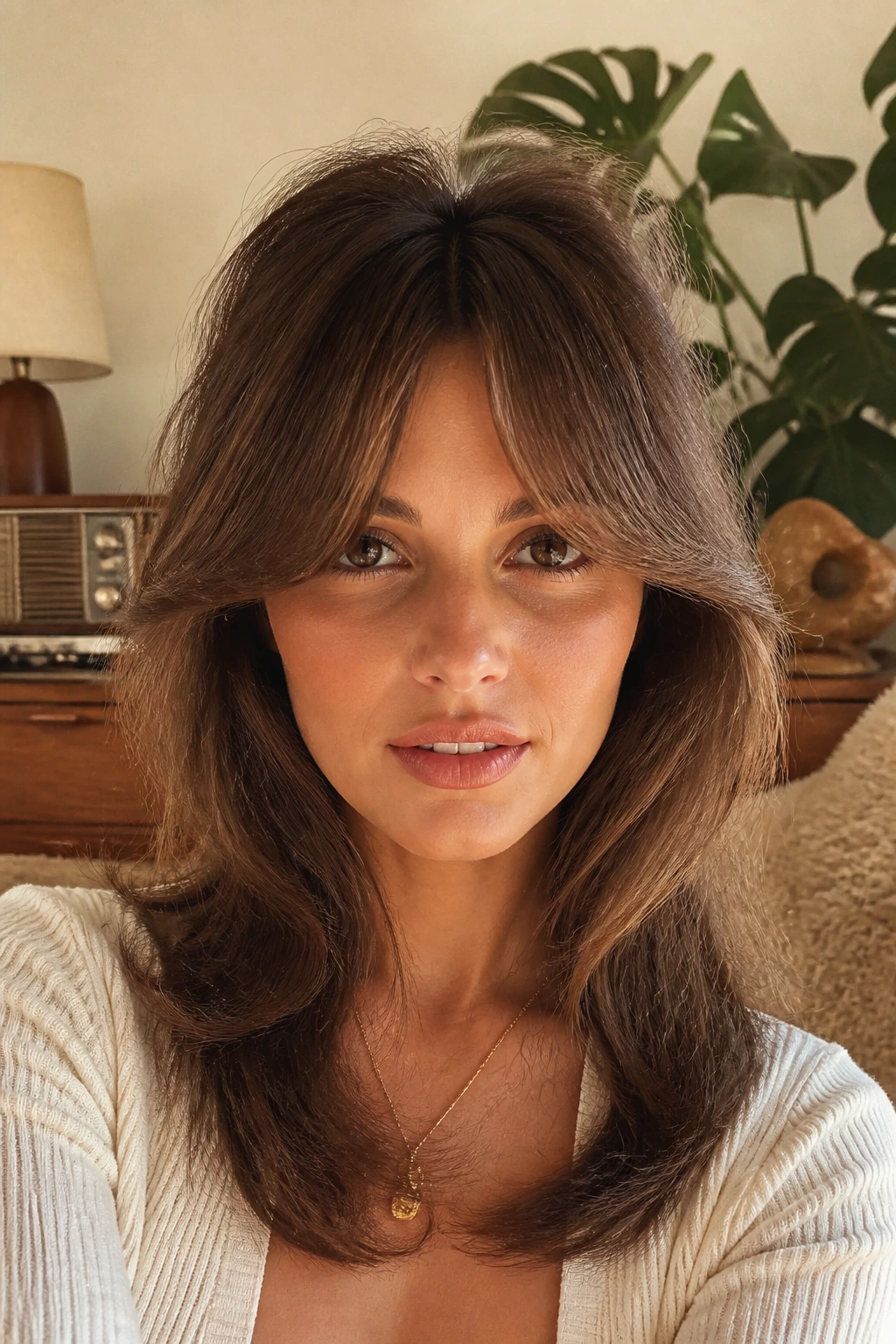 Real woman with voluminous Bardot bangs and center part