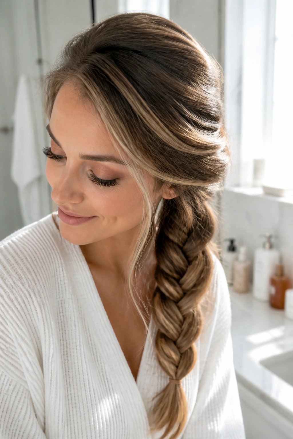 Close-up of a woman with a volumized side braid and visible dry shampoo at roots