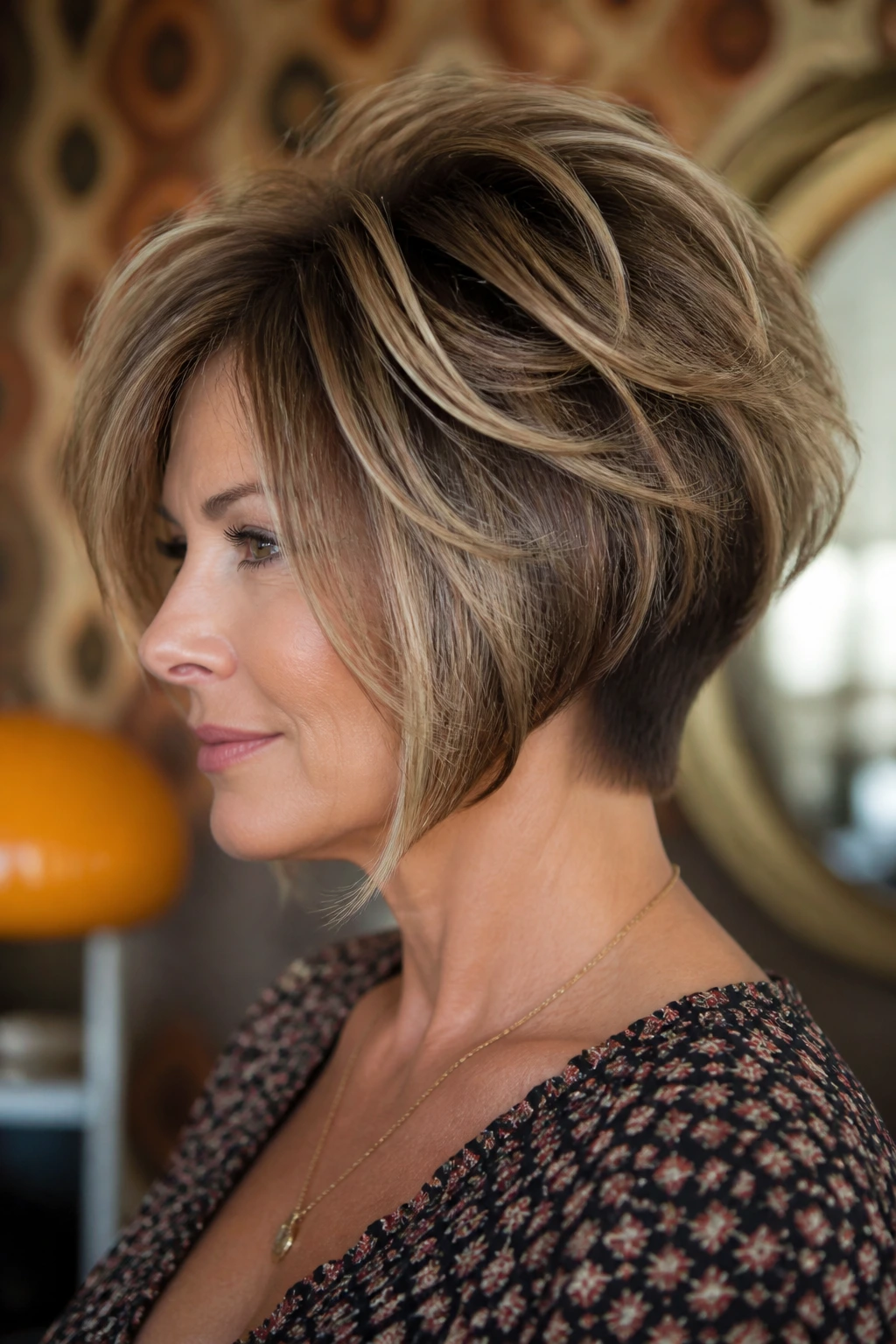 Close-up of a real woman with a voluminous crown stack hairstyle