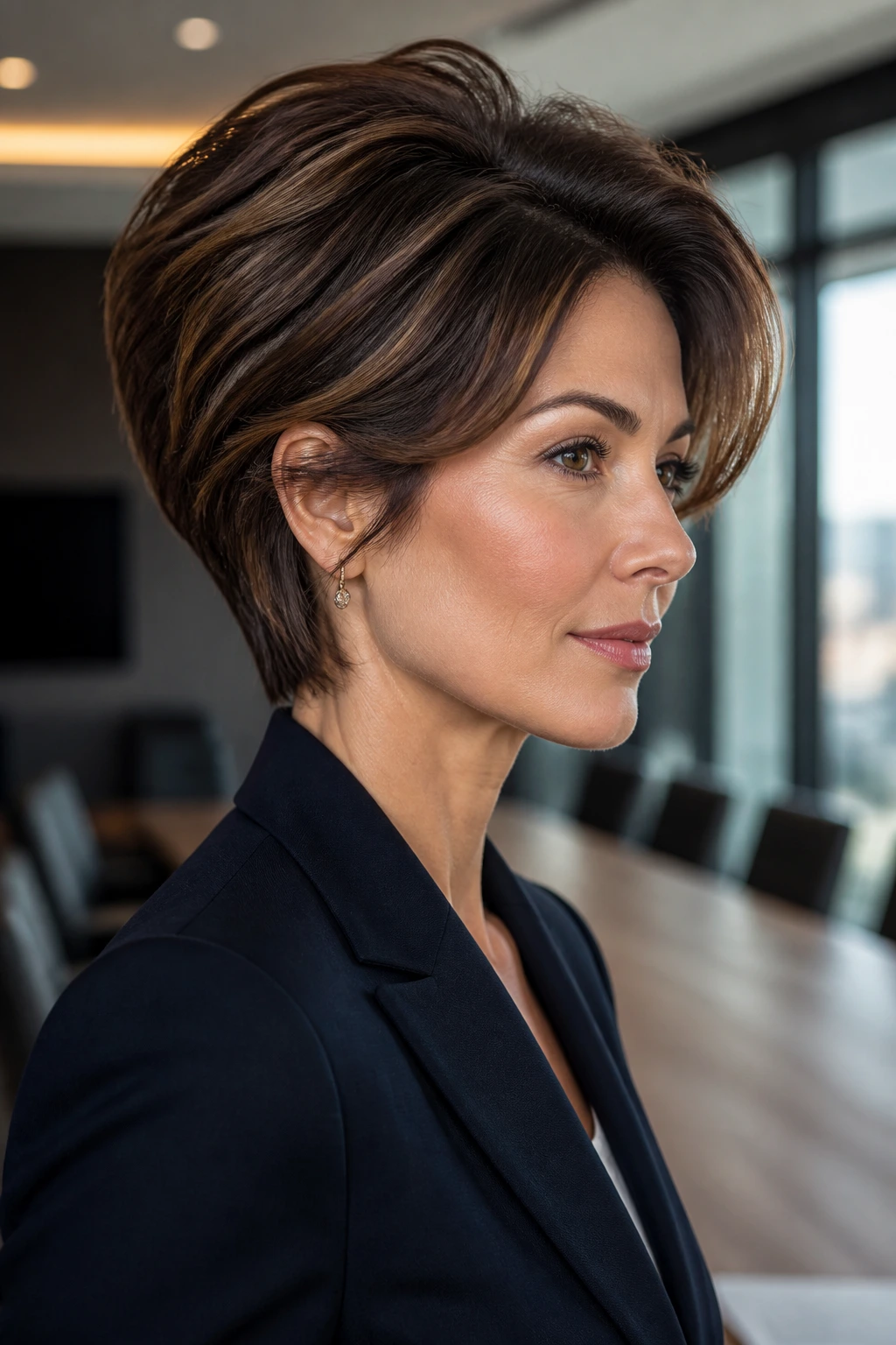 Close-up of a real woman with volumized crown stack hairstyle in an office setting