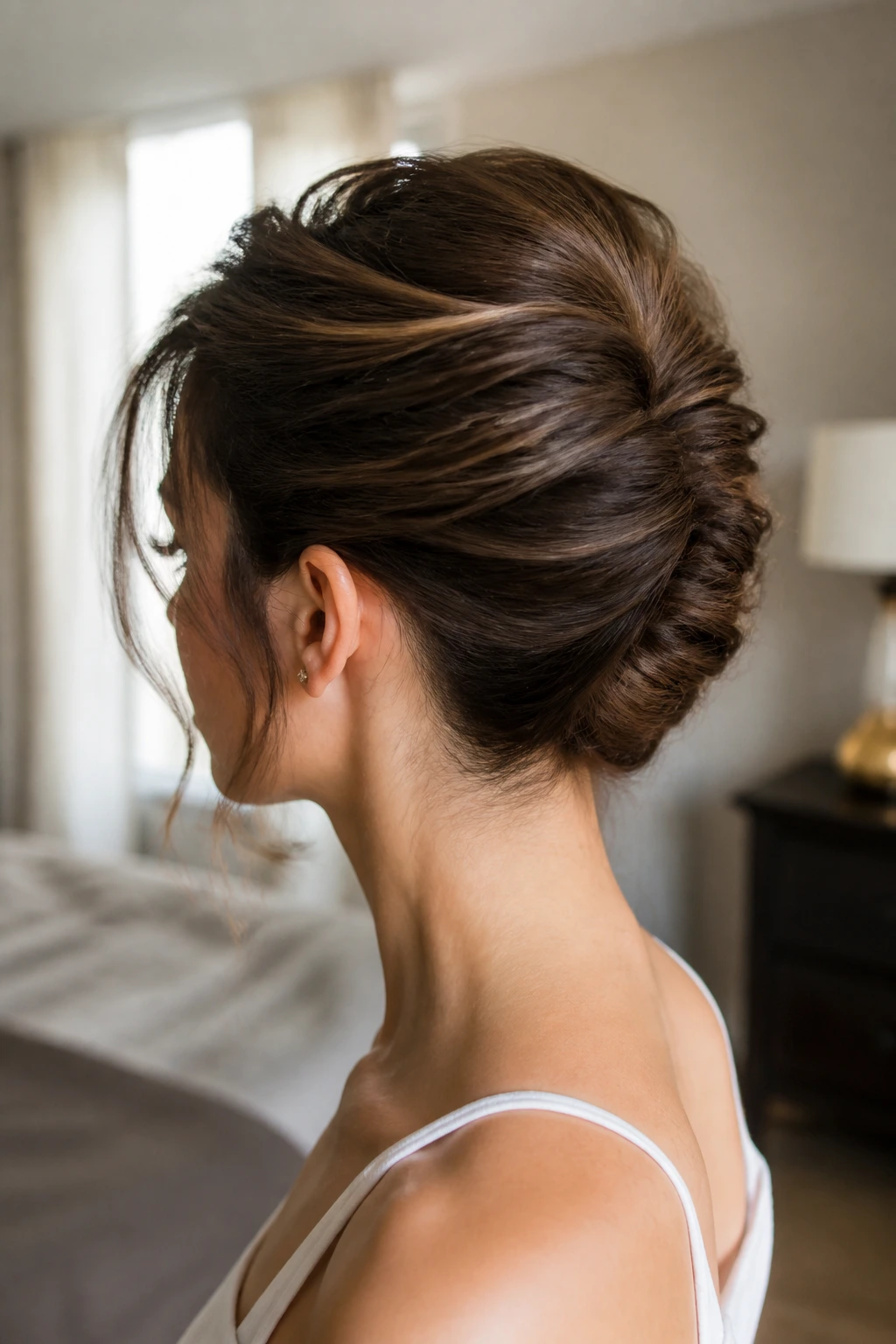 Close-up of a real woman with a voluminous French twist and hidden pins