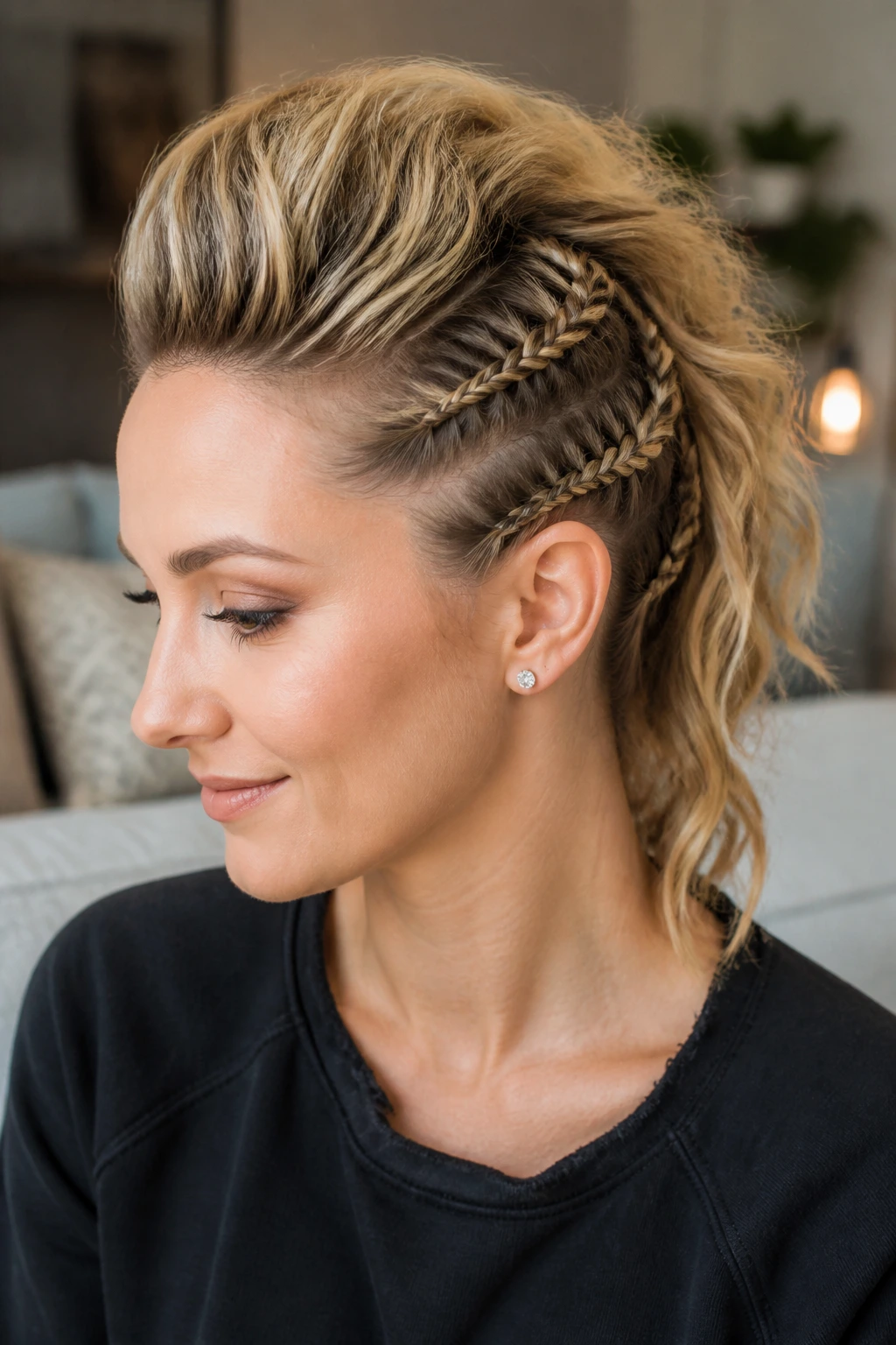 Real person with braided sides forming a volumized mohawk