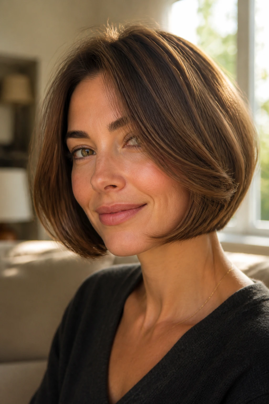 Close-up portrait of a real woman with a caramel-brown C-curve bob curving around the jawline