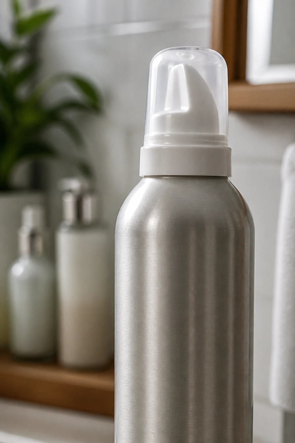 Volumizing mousse can on a bathroom shelf with soft lighting