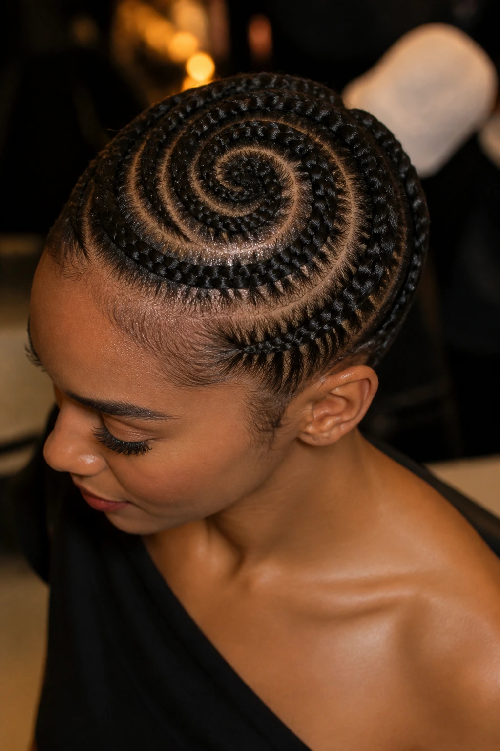 Close-up of a real person with a single continuous spiral braid around the scalp.