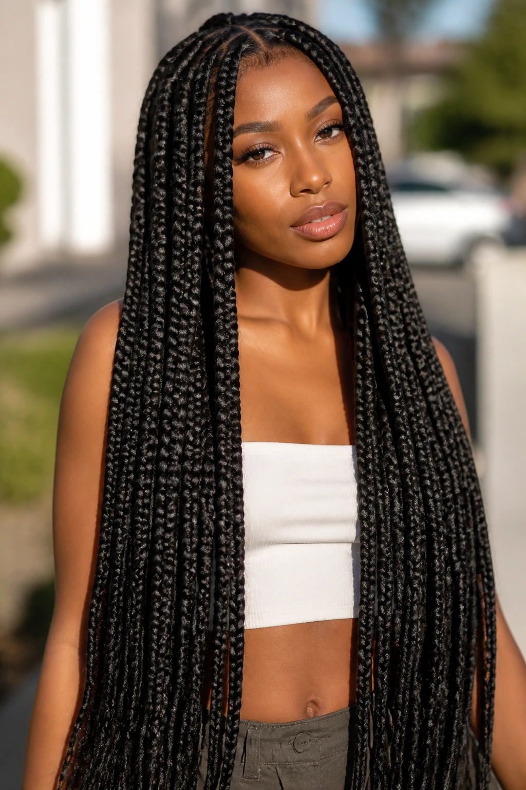 Close-up of waist-length box braids on a real woman in soft outdoor light