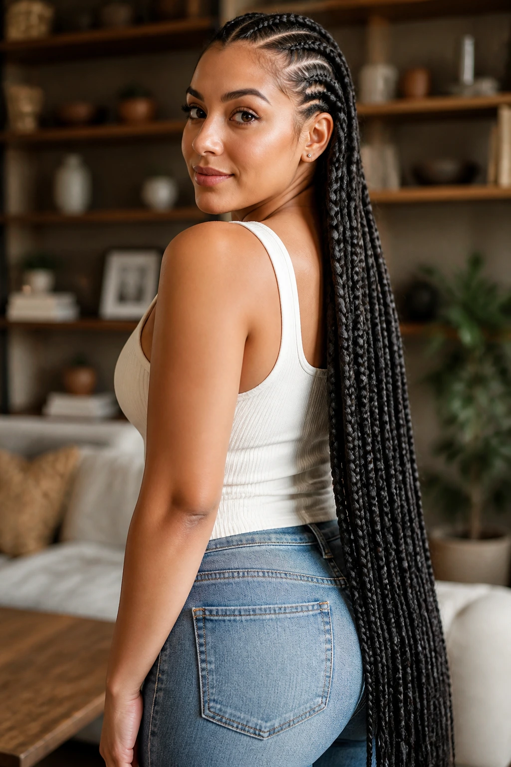 Close-up of a real woman's waist-length Rapunzel braids filling the frame