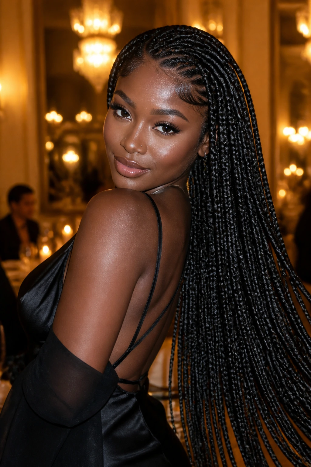 Portrait of a real woman with waist-length Ghana braids cascading over the shoulder.