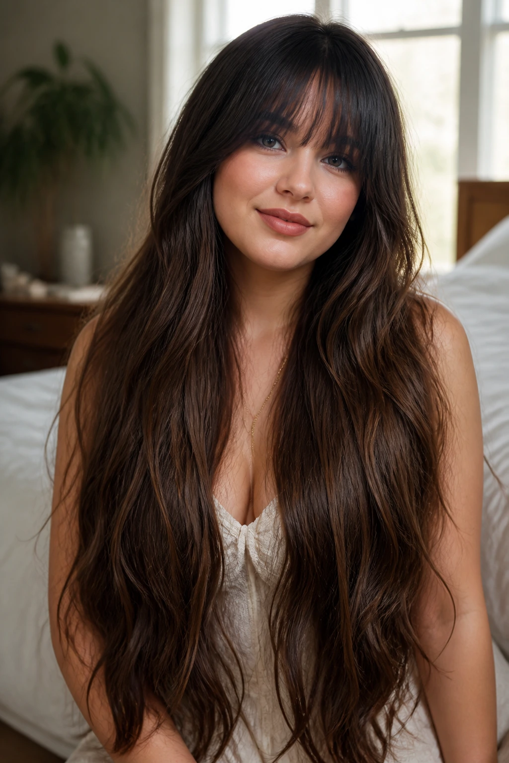 Portrait of a real woman with waist-length hair and bangs in natural window light