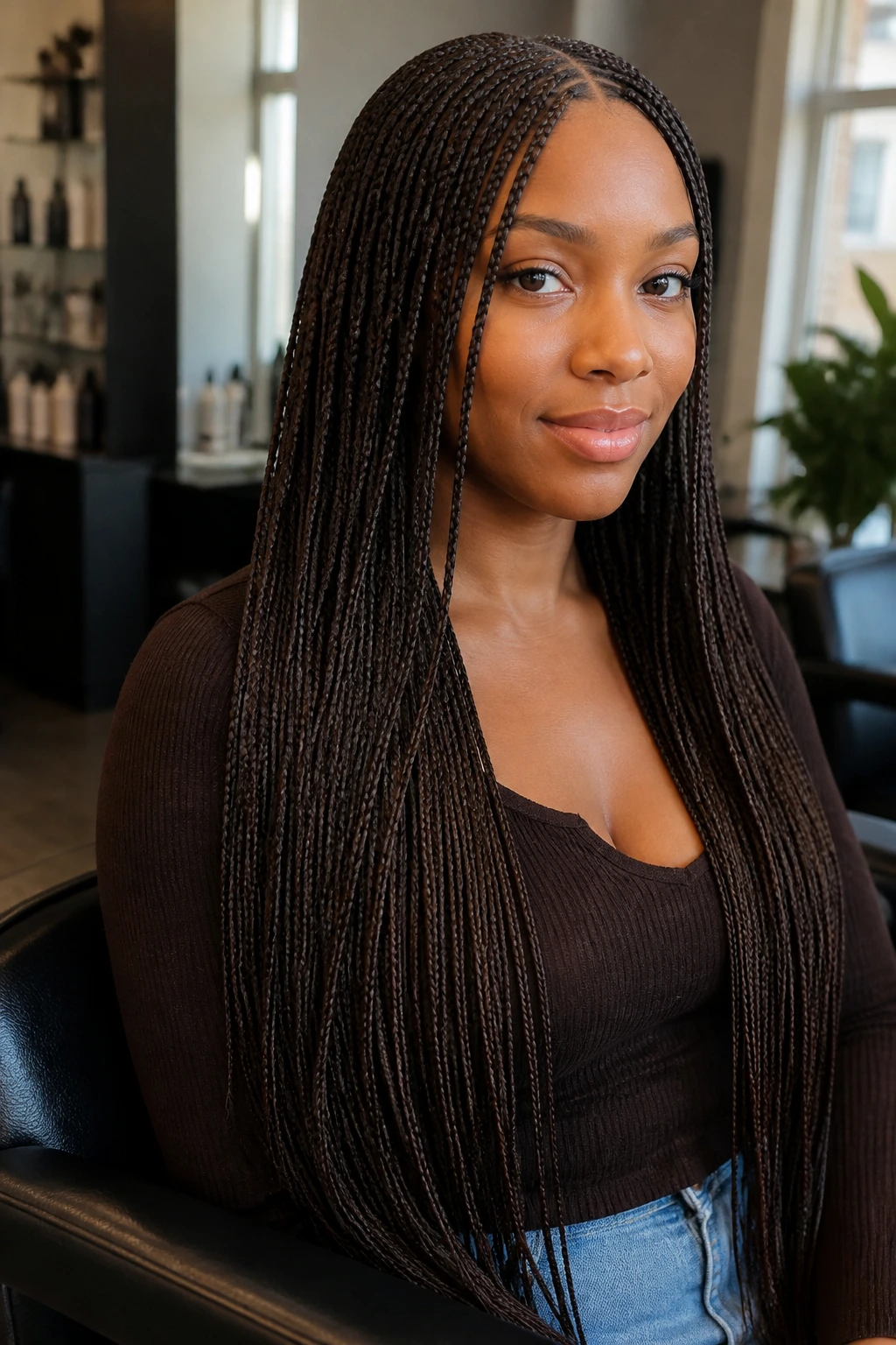 Close-up of a real person with waist-length micro braids under natural window light
