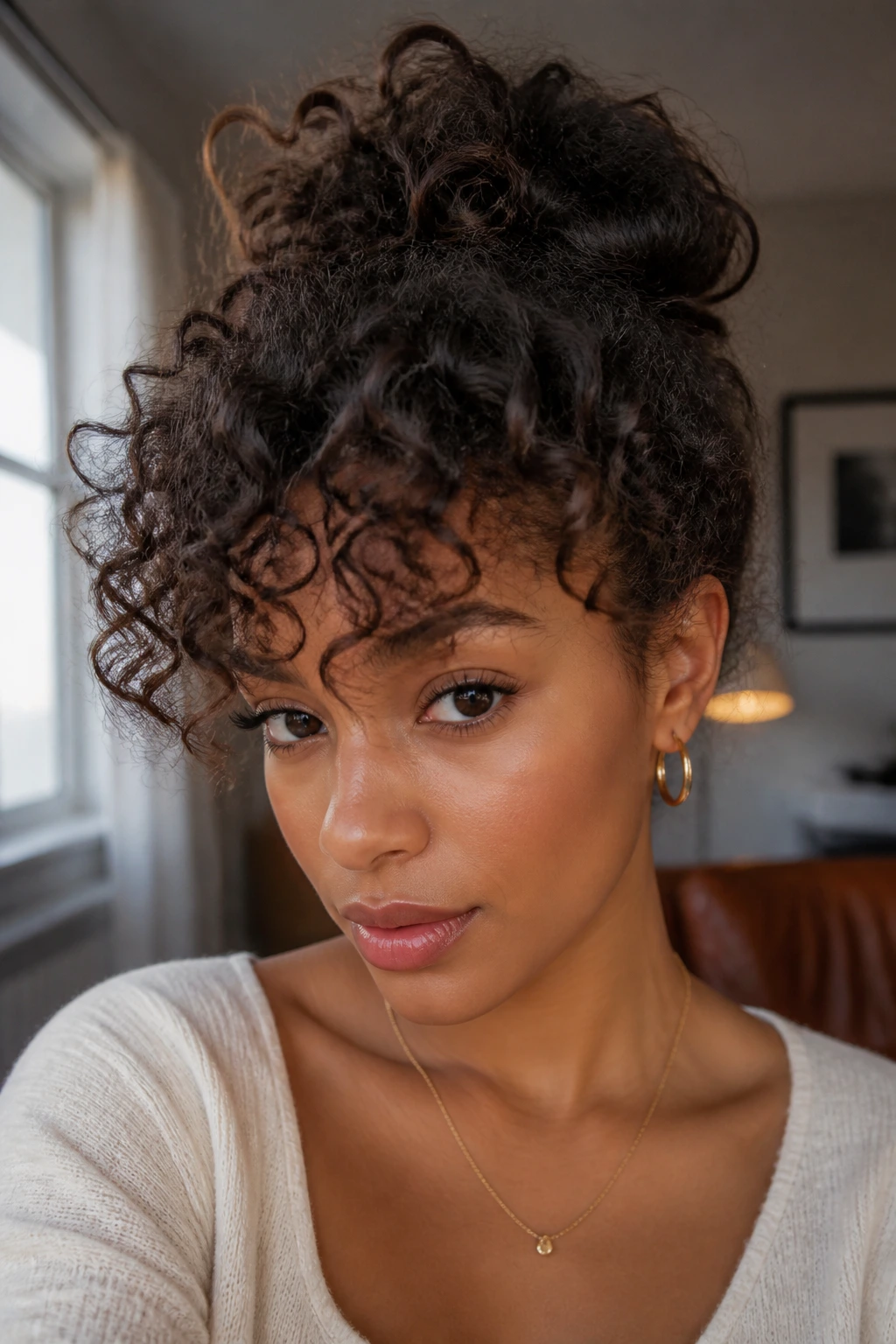 Close-up portrait of a woman with side-swept wand-curled bangs and textured curls