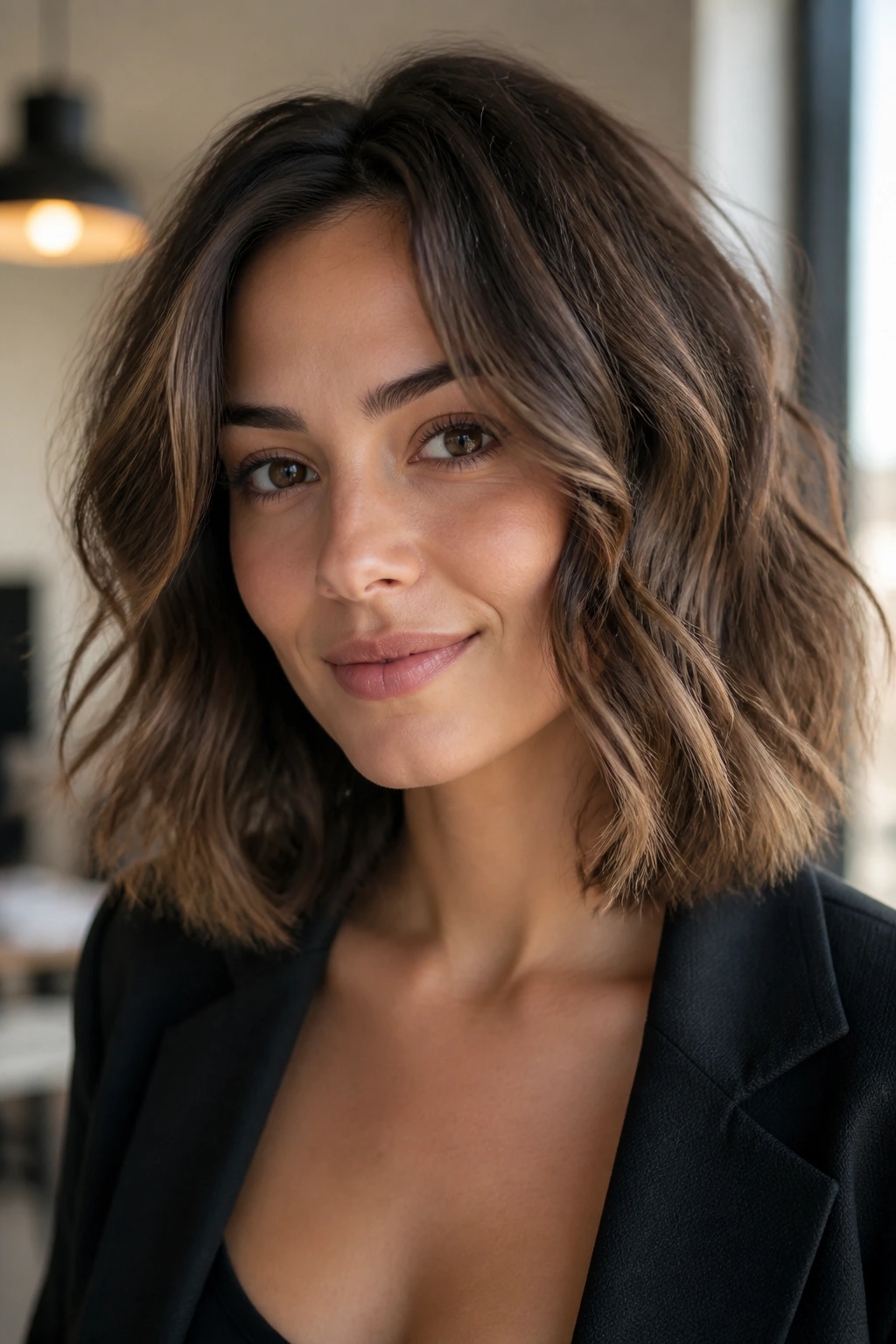 Close-up of a real person with collarbone-length tousled wand waves in an office