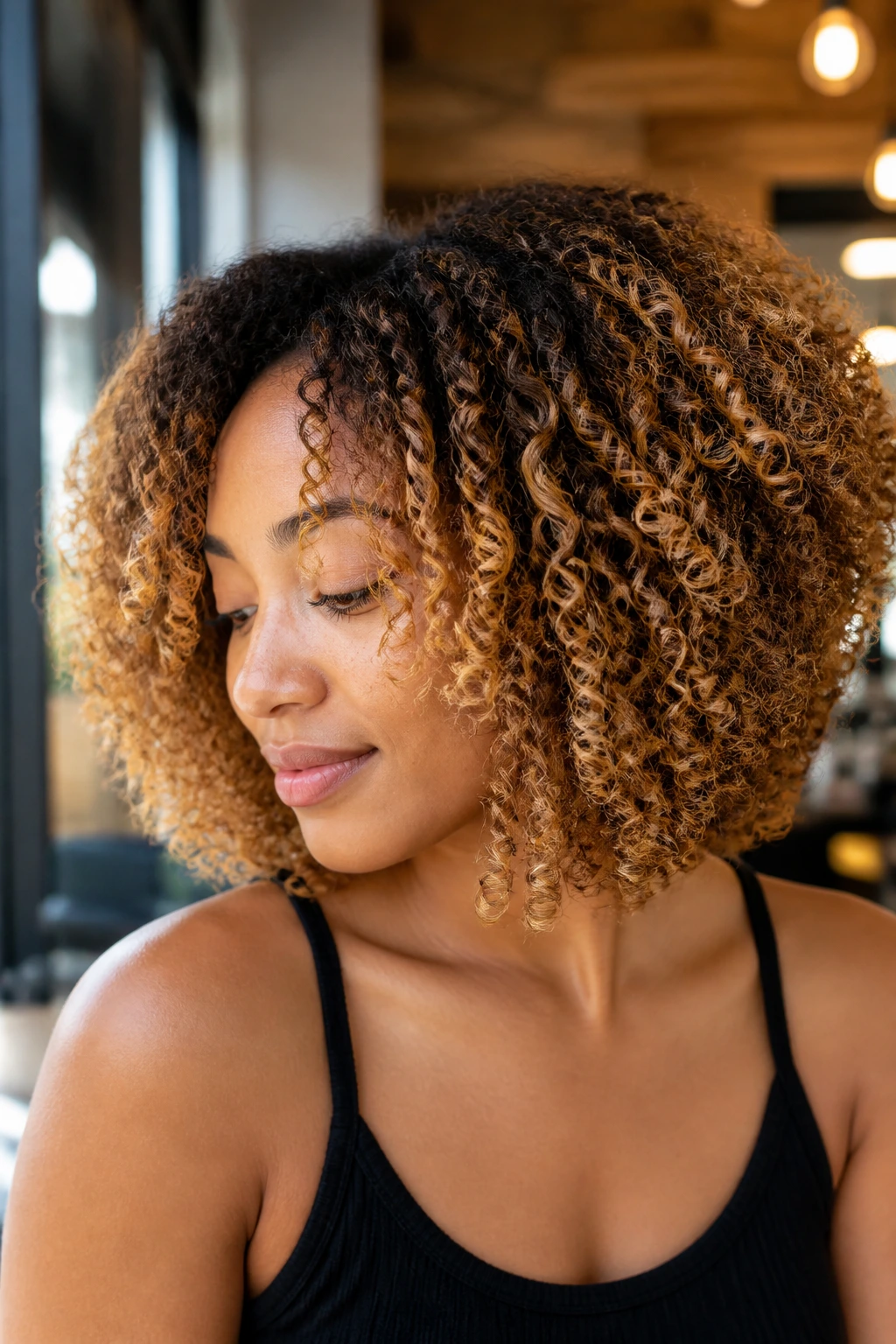 Close-up of a woman with warm honey balayage on a coiled bob