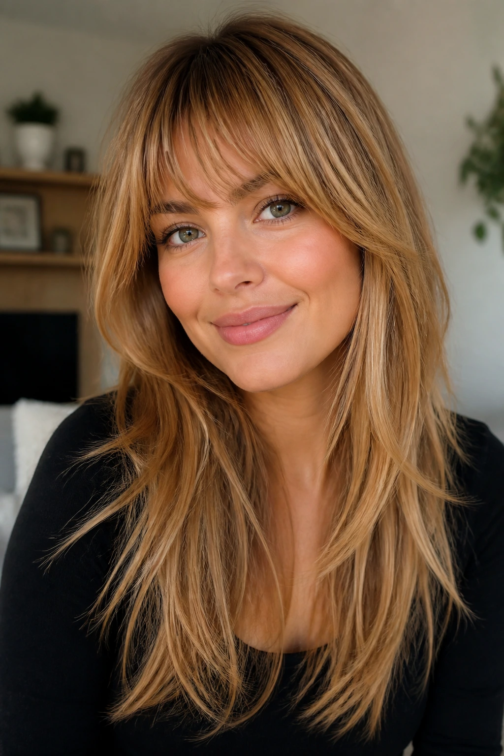 Close-up of a woman with warm honey layered hair and razored wisps fringe.