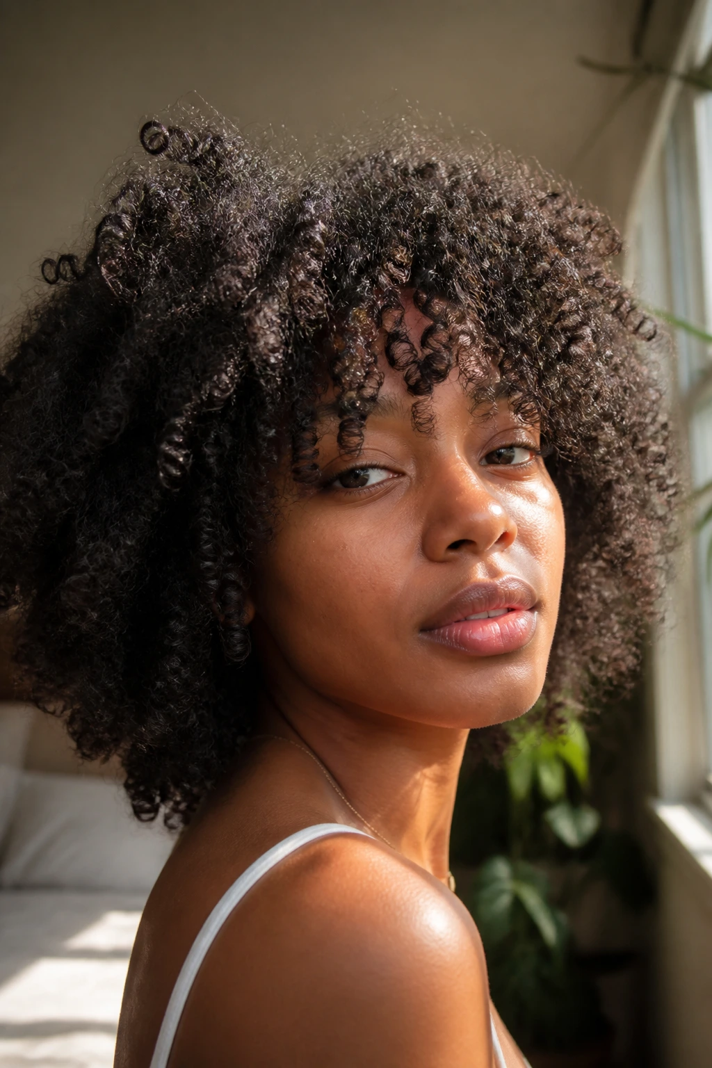 Portrait of a person with fluffy wash-and-go curls and bangs