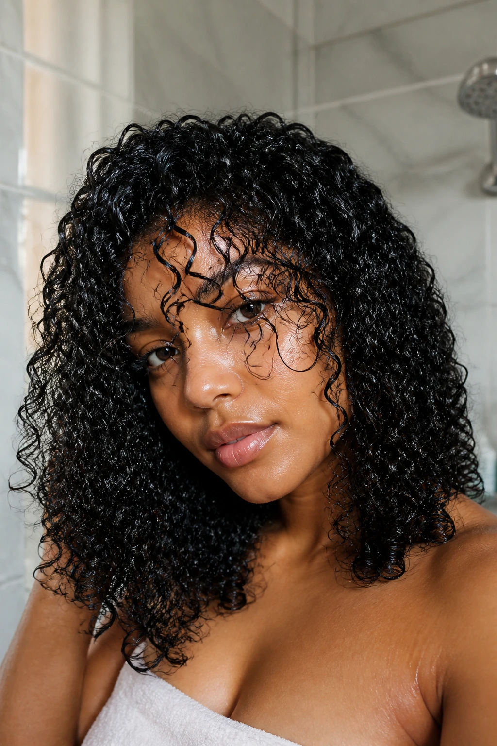Close-up of a real woman's damp, glossy curls after deep conditioning, hydrated and defined