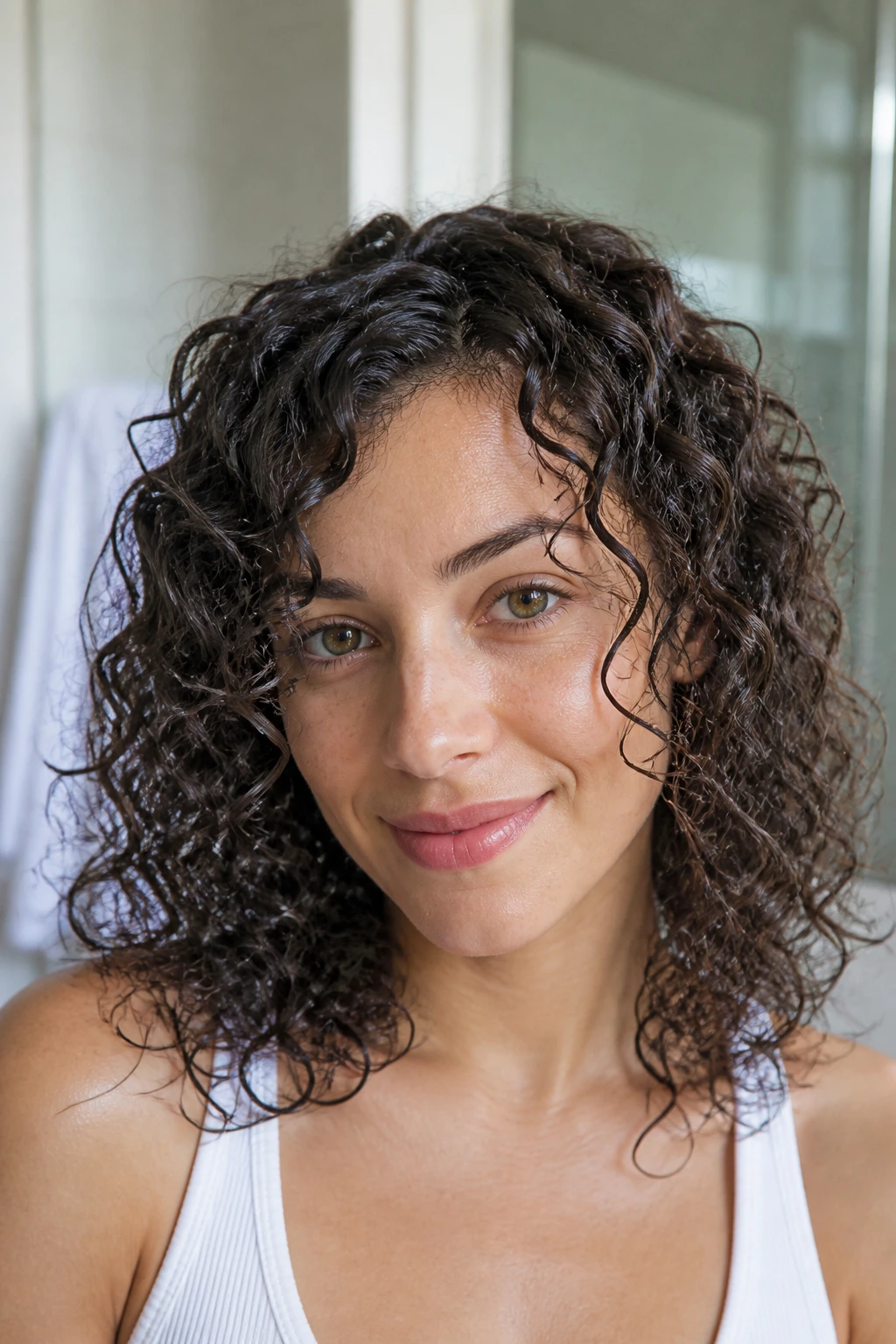 Close-up of a real person with wash-and-go curls