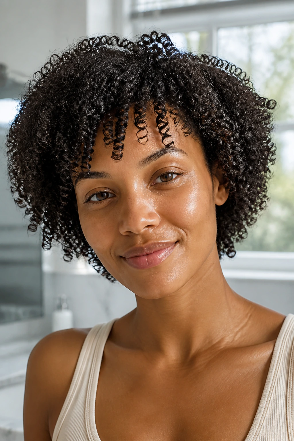 Close-up portrait of a real woman with natural wash-and-go curls in a bright bathroom
