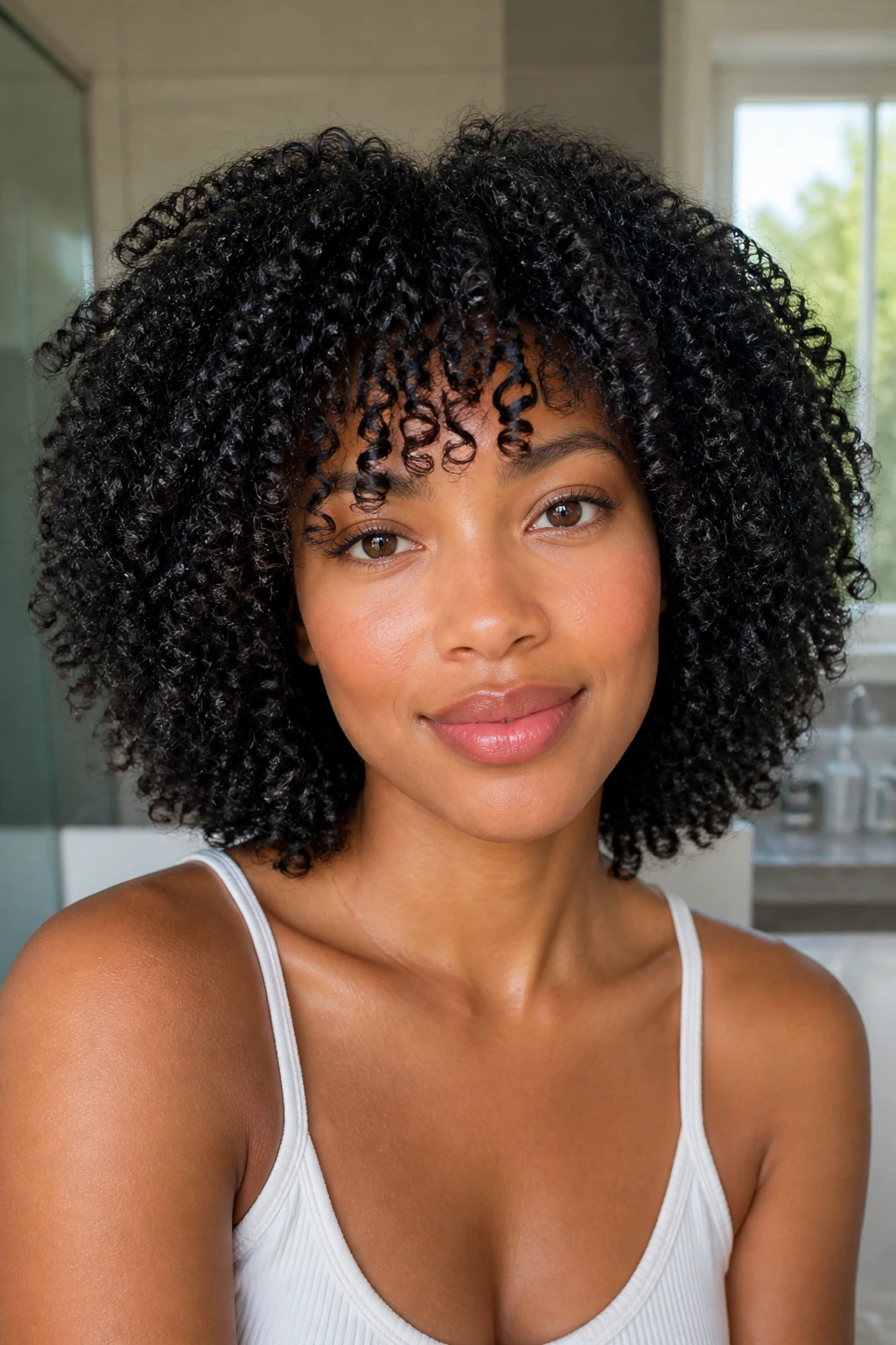 Close-up portrait of a person with a wash-and-go hairstyle and diffused curls