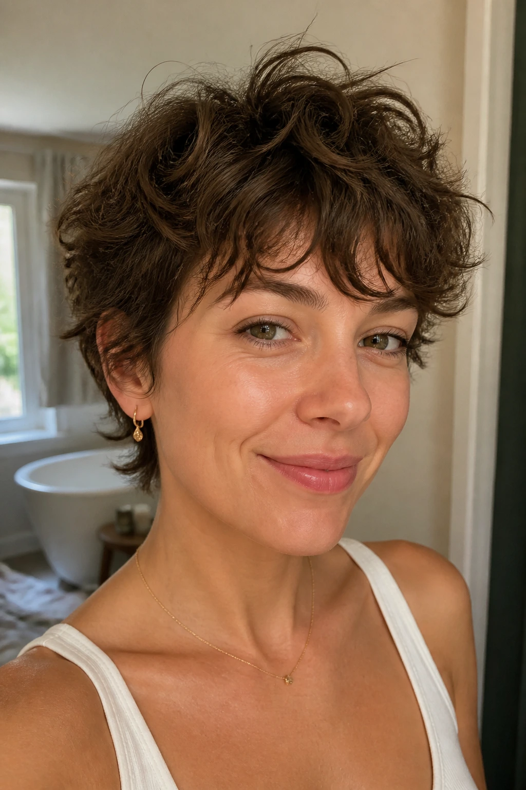 Close-up of a real person with natural wash-and-go shag texture