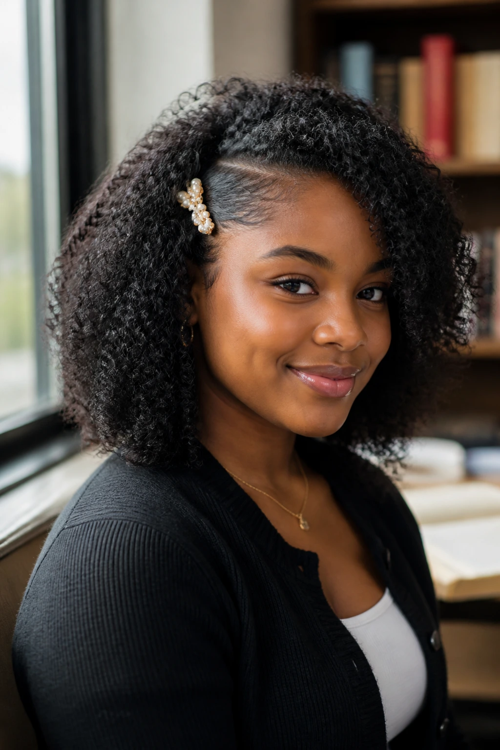 Close-up of a student with wash-and-go curls clipped back on one side.