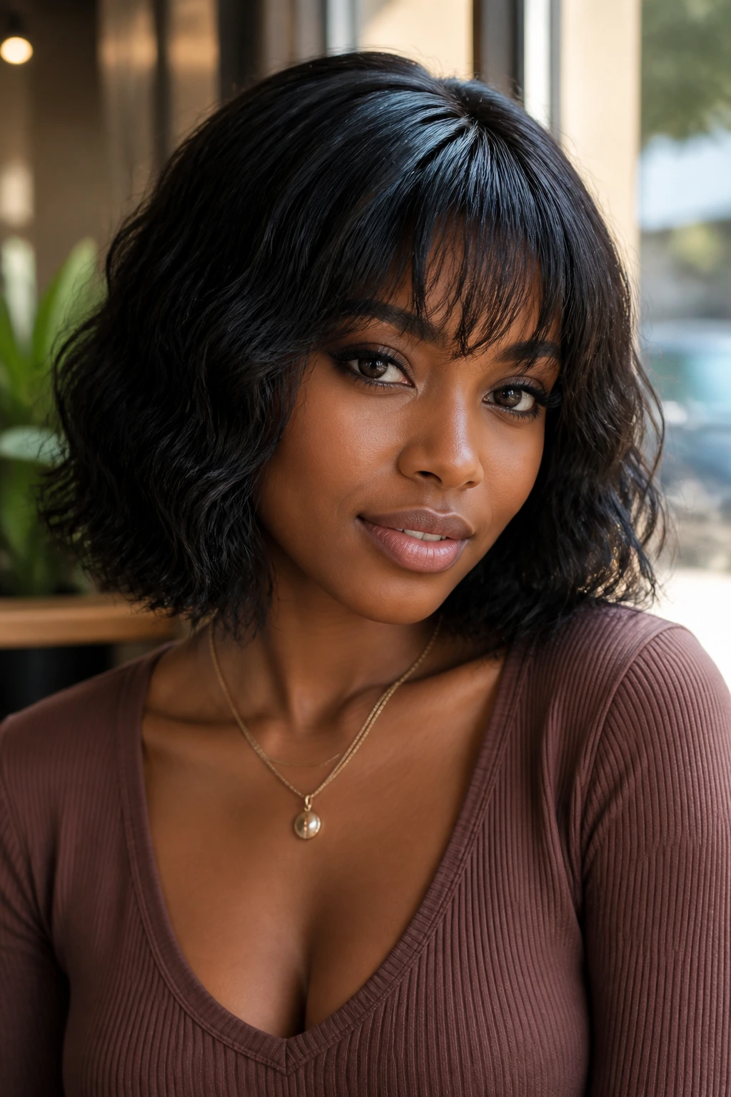 Close-up portrait of real woman wearing Water Wave Bob Lace Front with Feathered Bangs