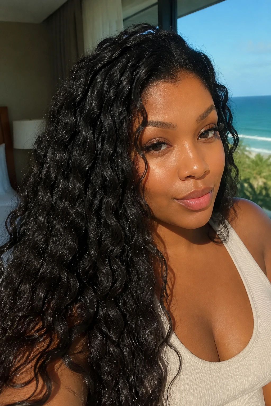 Close-up of a real woman with Water Wave Loose Waves, relaxed beachy texture