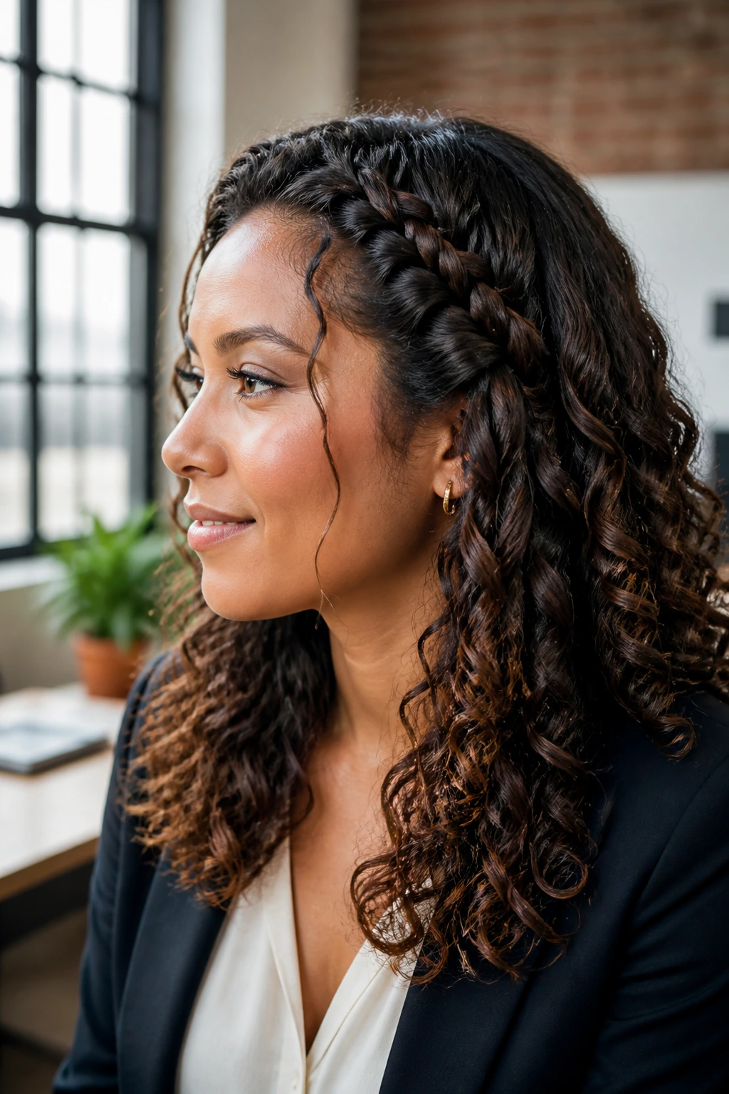 Close-up of a real woman with a waterfall braid in an office setting