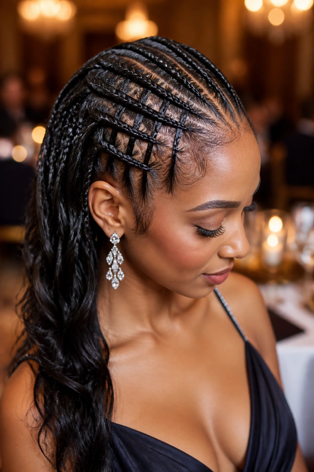 Close-up portrait of a real woman with a waterfall braid cascading along the scalp.