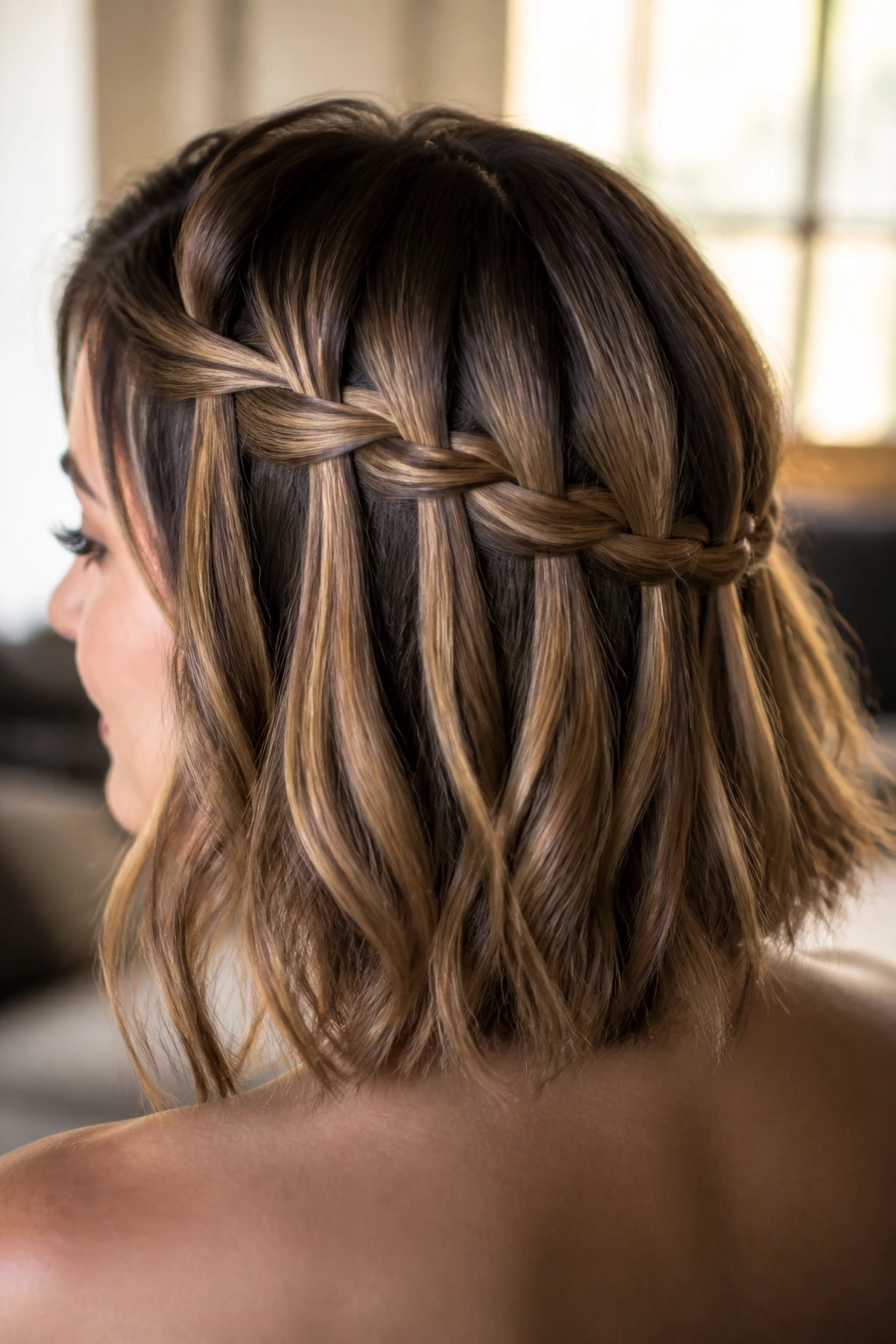Close-up of a woman with a waterfall braid across the back