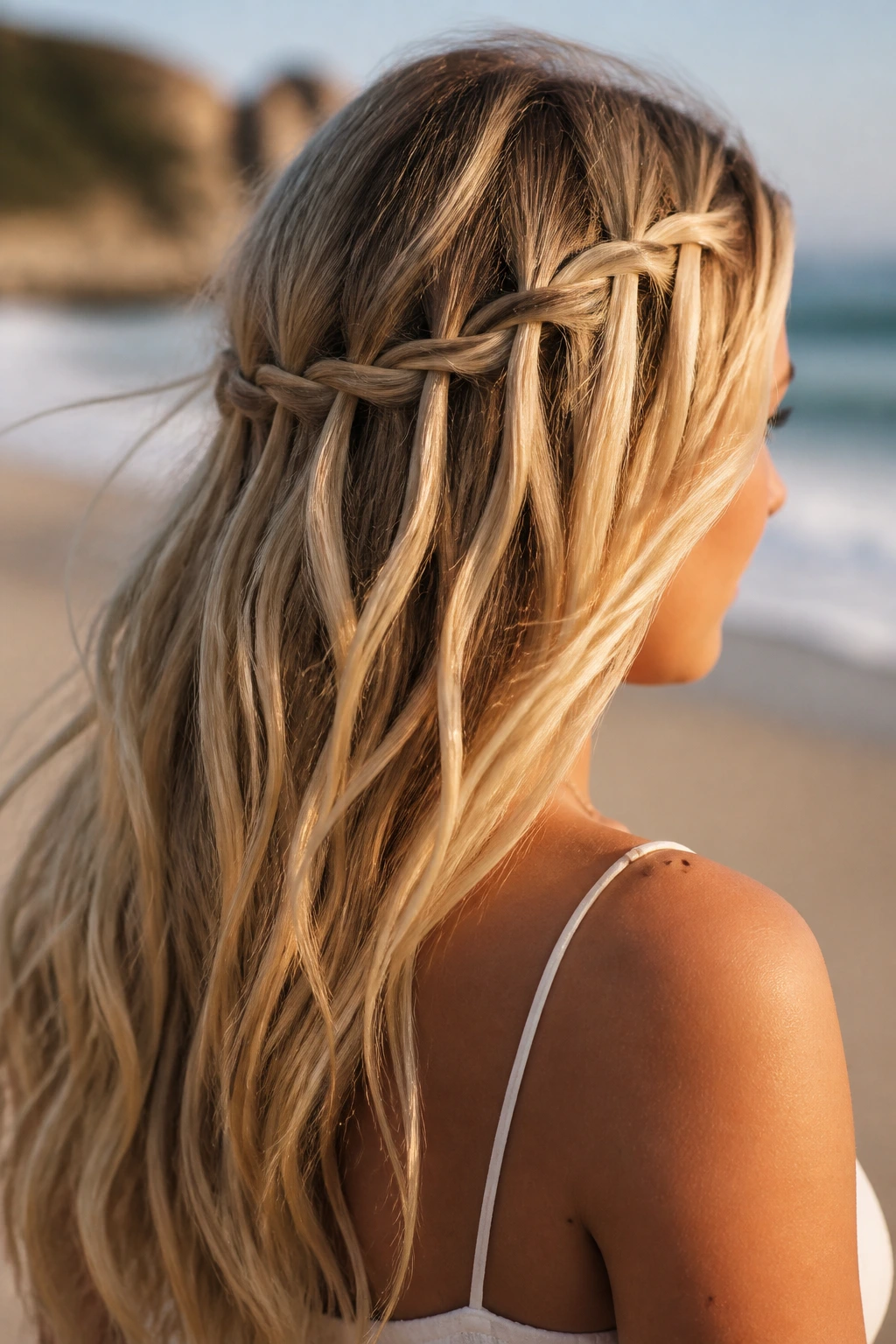 Close-up of a real woman at the beach showing a loose waterfall braid from the back