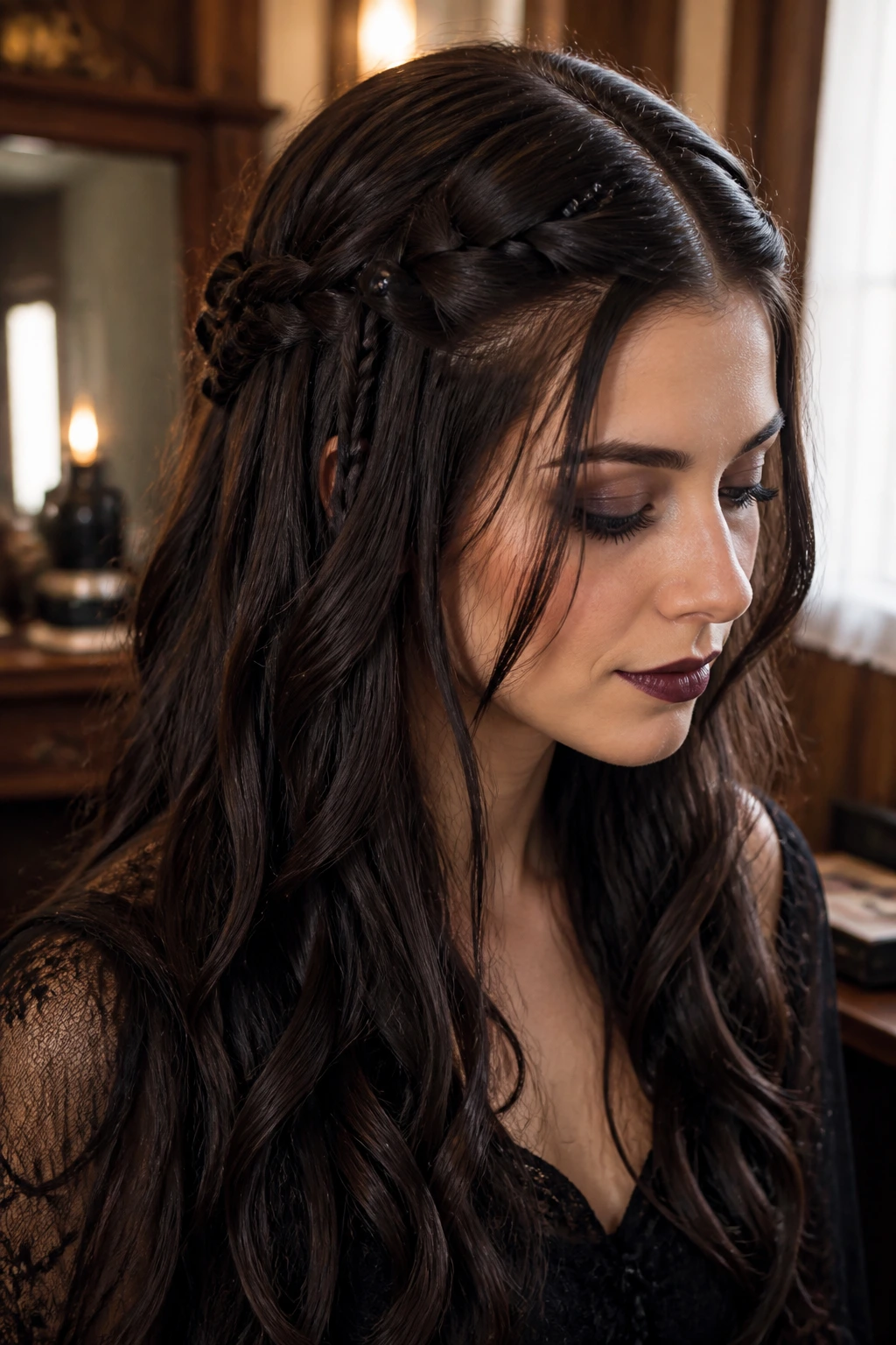 Close-up of Gothic Waterfall Braid on a real woman with beads and a middle part.