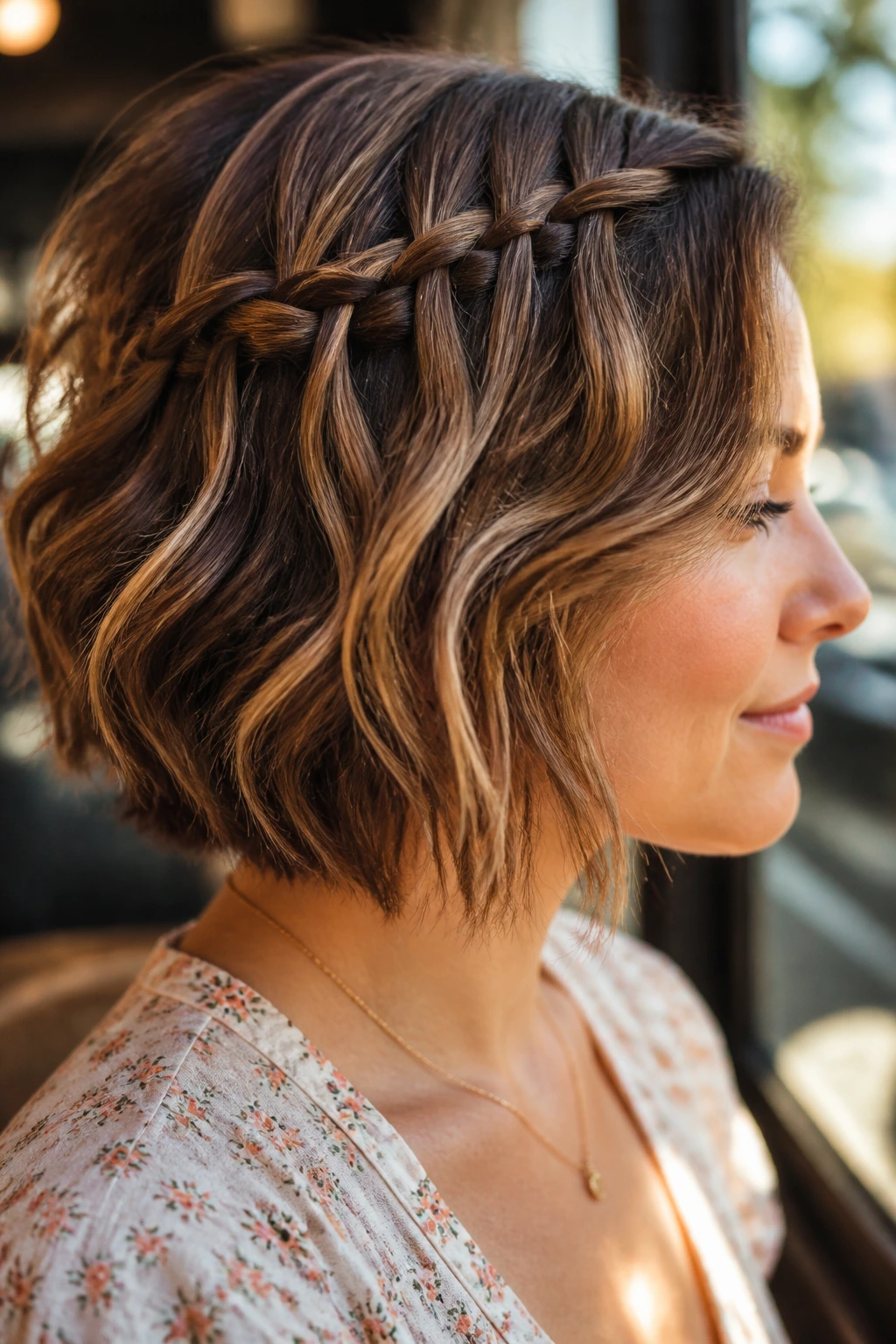 Close-up of a real woman with a half-up waterfall braid on a chin-length bob