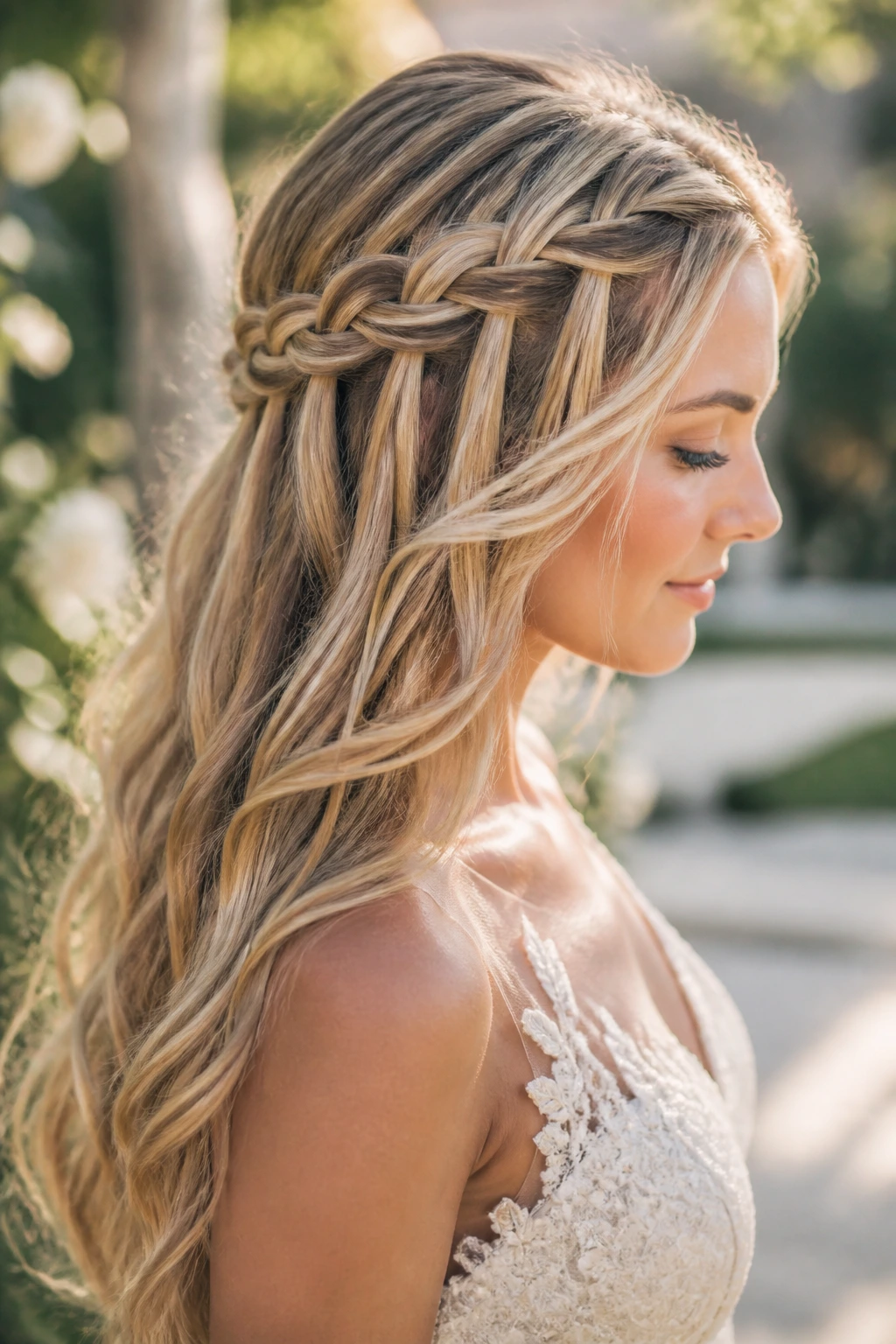 Waterfall French braid with cascading strands on a bride in natural light.