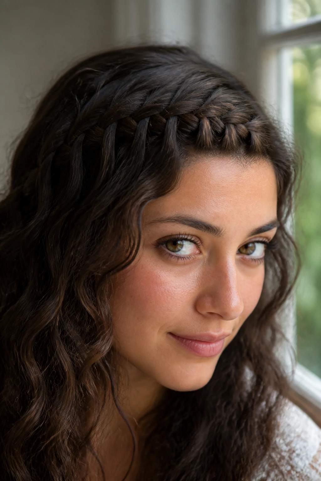 Close-up of a real woman with a waterfall braid along the brow