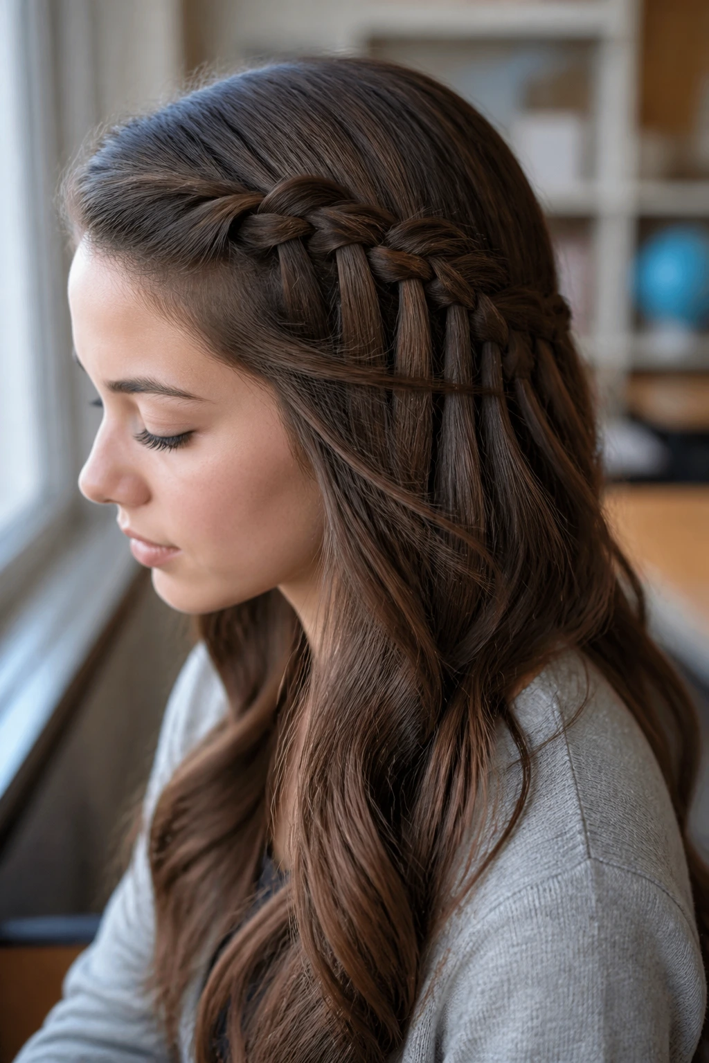 Close-up of side-swept waterfall braid on a real person
