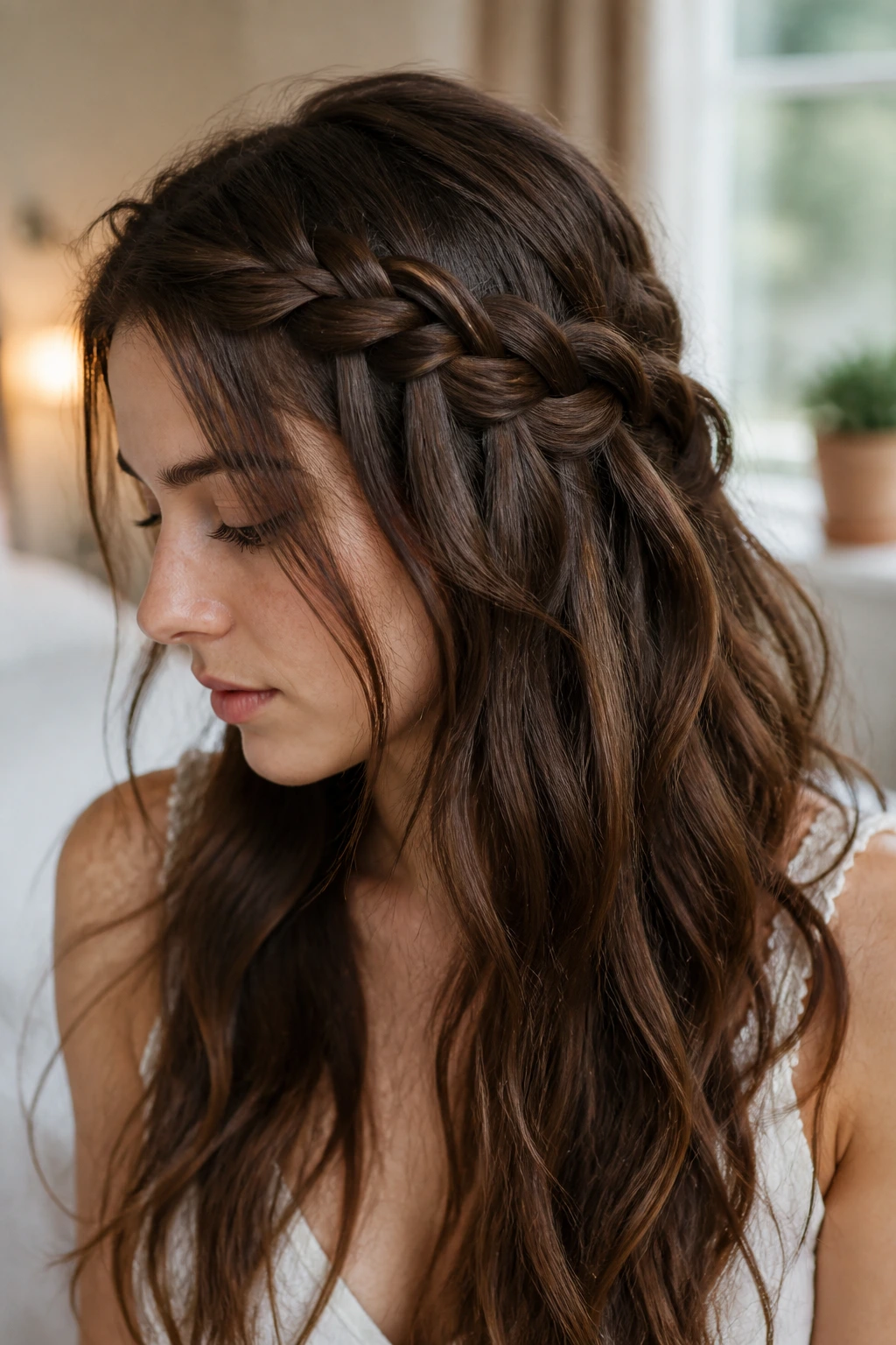 Brunette with a loose waterfall braid in natural light
