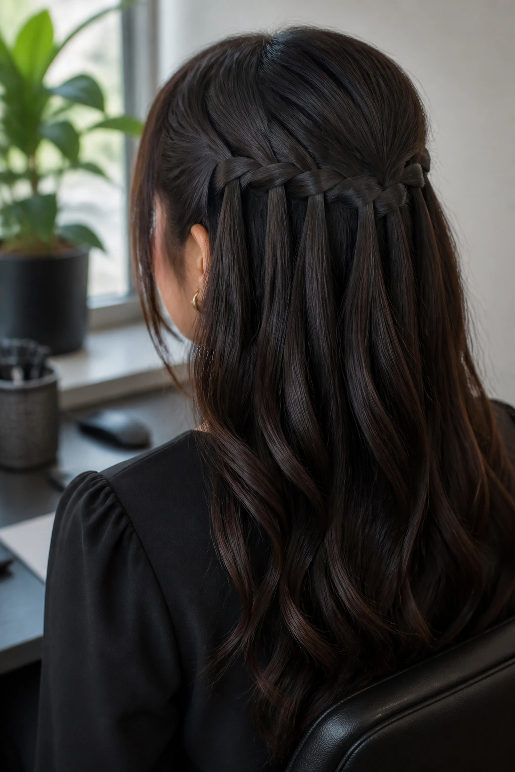 Brunette woman displaying a waterfall braid pinned at back in an office