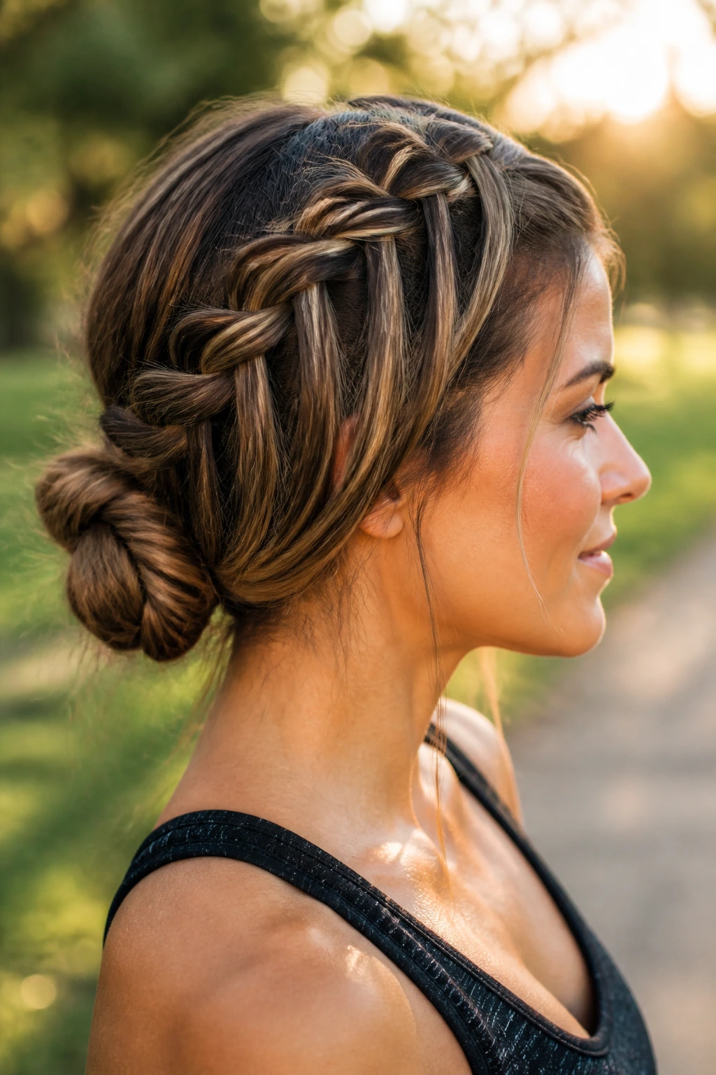 Side-profile of a person with a waterfall braid leading to a bun outdoors