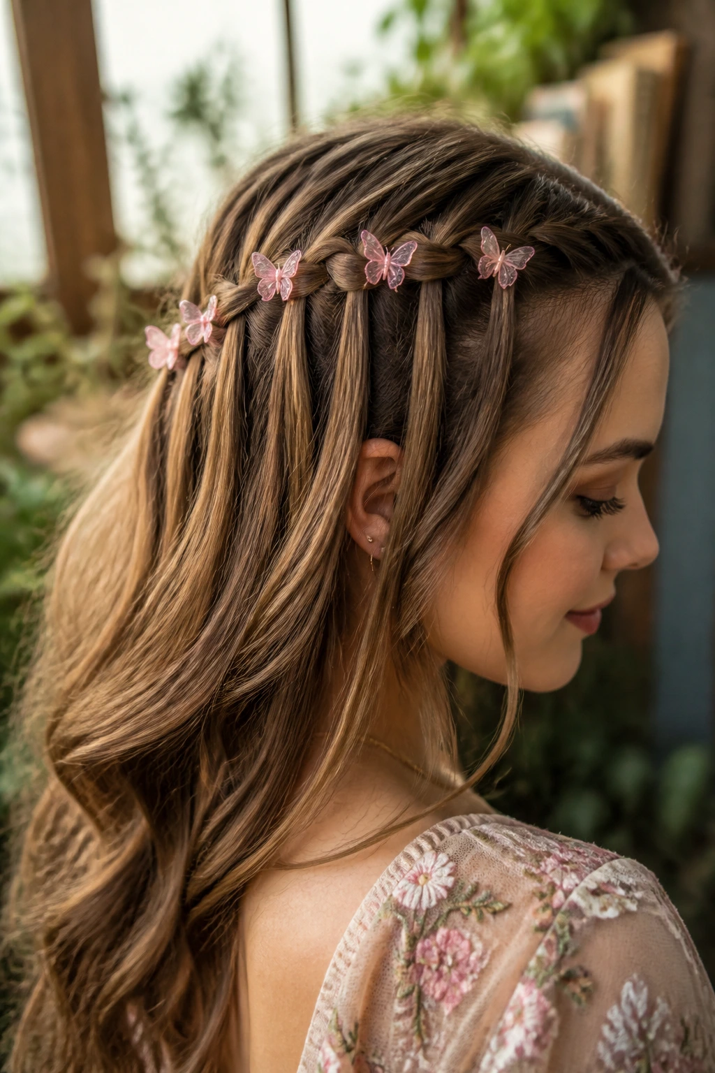 Close-up of woman with waterfall braid and pink butterflies