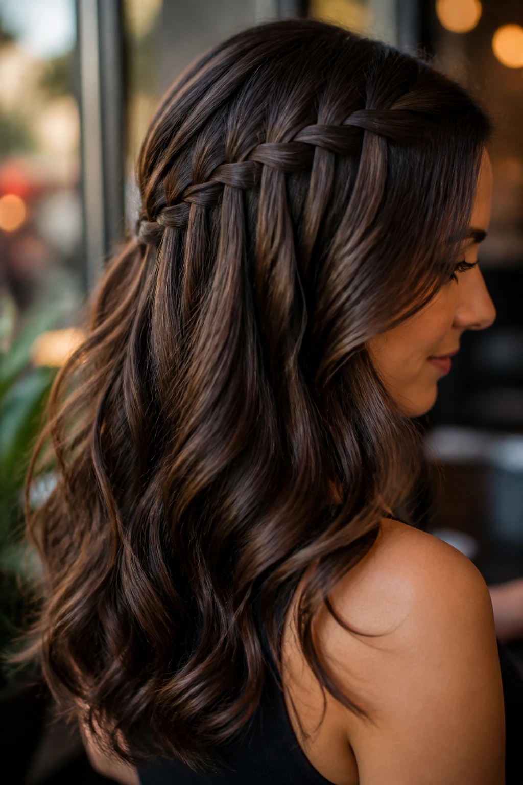Close-up of a woman with a waterfall braid on chocolate hair
