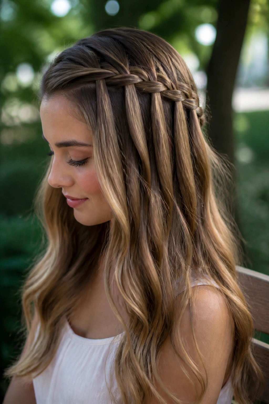 Real person wearing a waterfall braid in park daylight