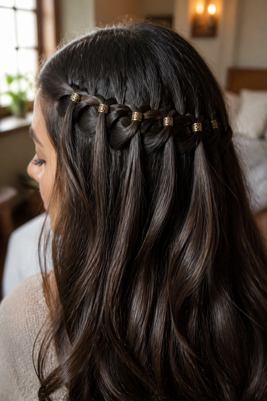Close-up of a waterfall braid around the back of the head with cuffs on the top strands.