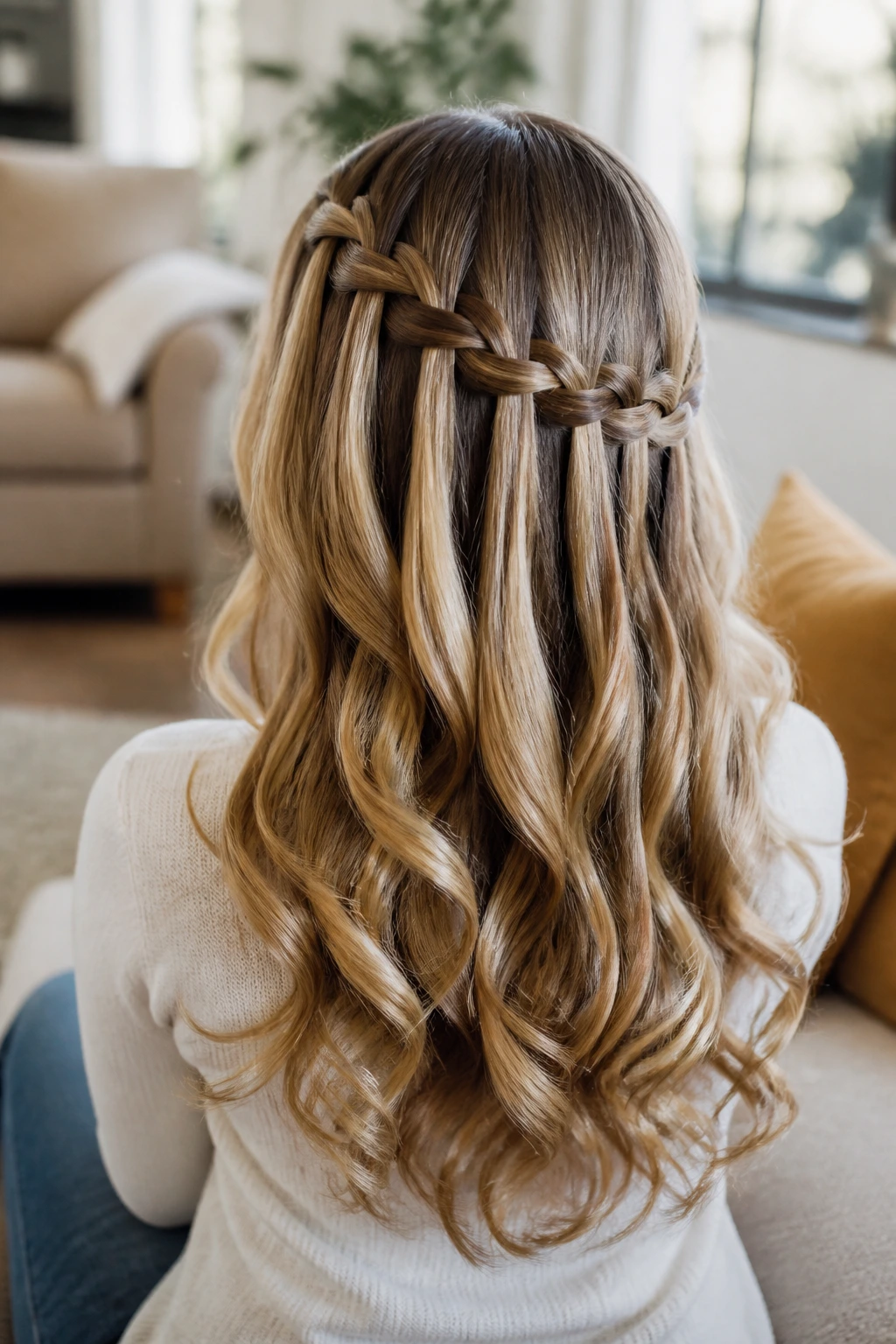 Back view of a real woman showing a waterfall braid with curled ends